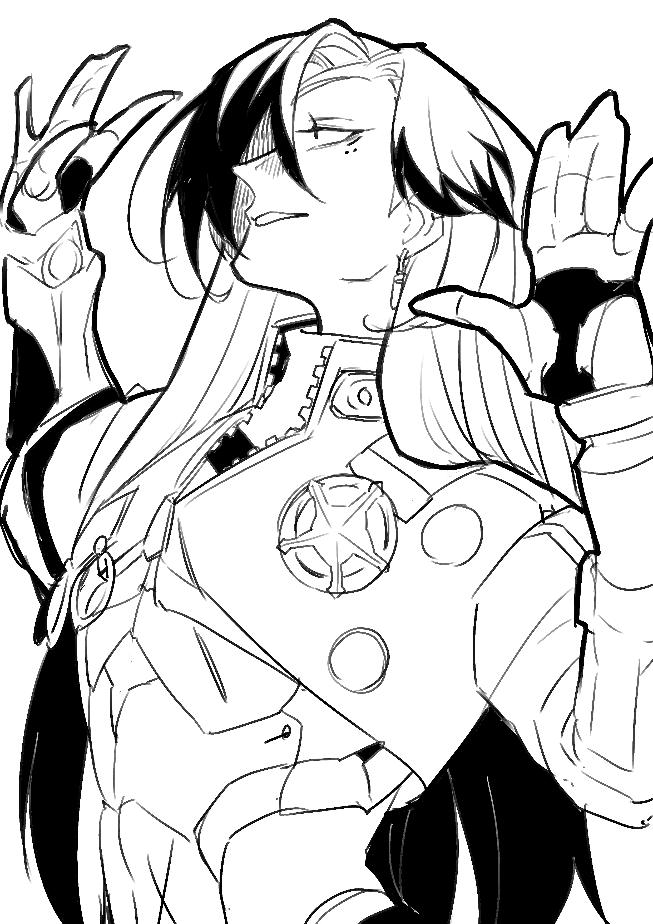 boothill (honkai: star rail), honkai: star rail, honkai (series), absurdres, highres, 1boy, arms up, cowboy shot, cropped jacket, earrings, greyscale, jacket, jewelry, long hair, long sleeves, male focus, midriff, mole, mole under eye, monochrome, mrsw0911, multicolored hair, parted hair, parted lips, piercing, profile, shell casing, sheriff badge, simple background, solo, unzipped, very long hair, white background, zipper