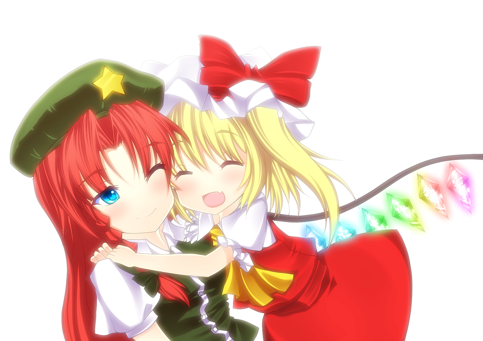 kiyomin, flandre scarlet, hong meiling, embodiment of scarlet devil, touhou, bad id, bad pixiv id, highres, 2girls, :d, ^ ^, blonde hair, blue eyes, braid, china dress, chinese clothes, closed eyes, dress, fang, female focus, happy, hat, hug, long hair, multiple girls, one eye closed, open mouth, ponytail, red hair, short hair, side ponytail, smile, twin braids, wings, wink