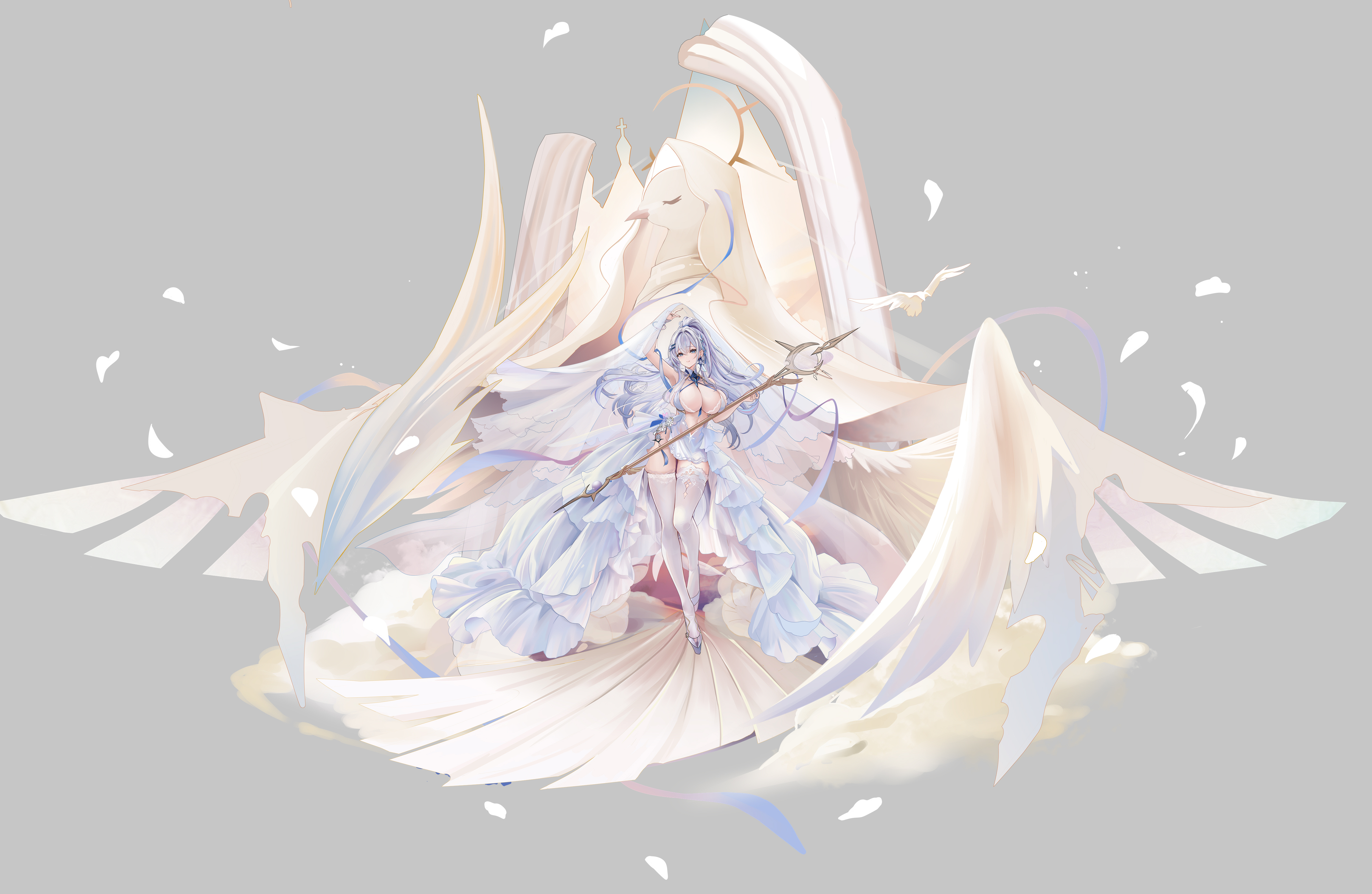 banchiyuebai, original, absurdres, highres, 1girl, arm up, bare shoulders, between breasts, blue eyes, blue ribbon, breasts, cleavage, dress, ear piercing, full body, hair ribbon, holding, holding staff, huge breasts, lace, lace-trimmed thighhighs, lace trim, layered dress, long hair, looking at viewer, piercing, ribbon, shoes, showgirl skirt, solo, staff, strap between breasts, thighhighs, veil, wedding dress, white dress, white hair, white petals, white shoes, white theme, white thighhighs, white veil