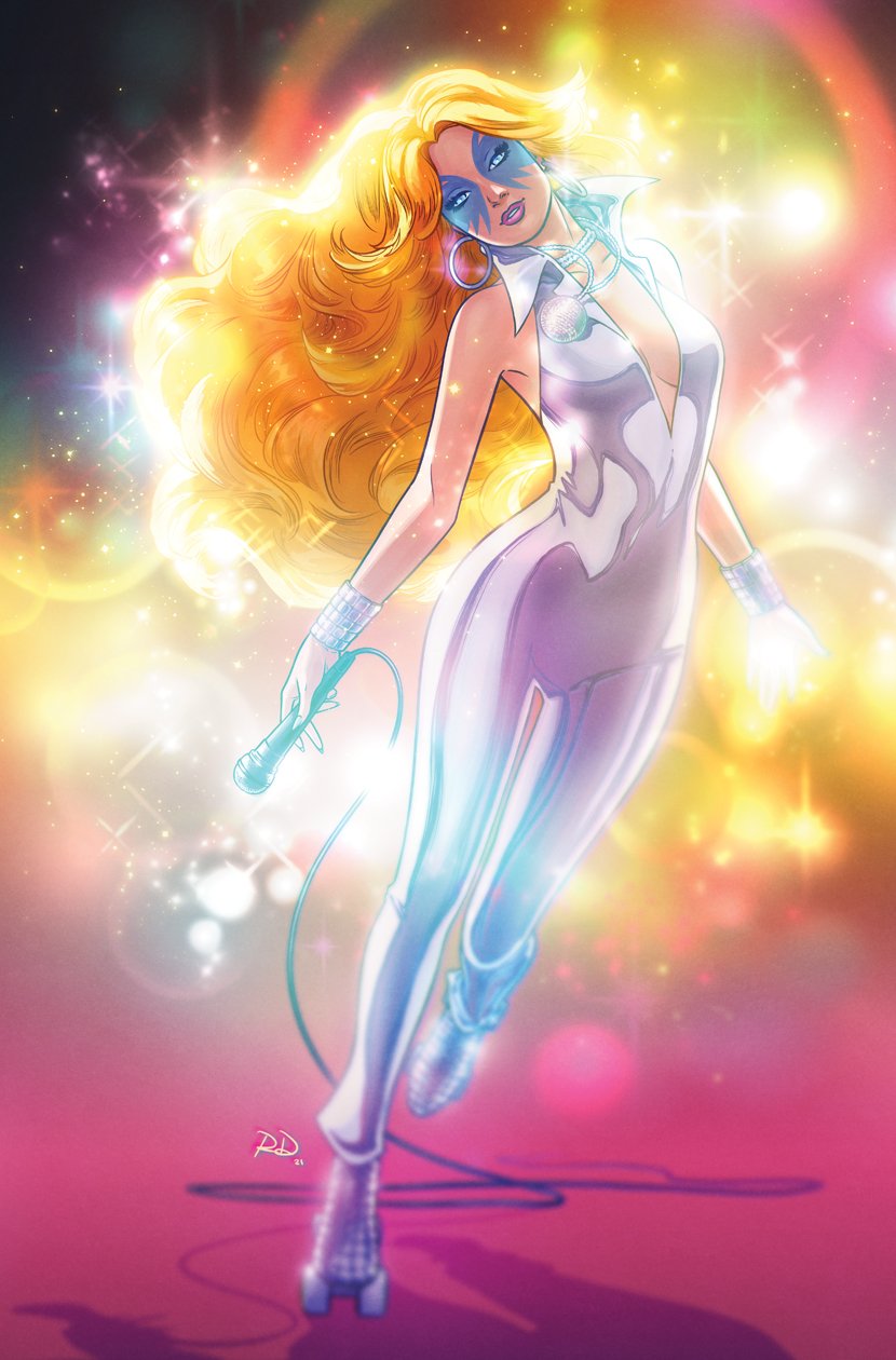 russell dauterman, dazzler, marvel, x-men, commentary, english commentary, highres, 1girl, big hair, black background, blonde hair, blue eyes, bracelet, disco ball, earrings, facial mark, full body, head tilt, holding, holding microphone, hoop earrings, jewelry, jumpsuit, long hair, looking at viewer, microphone, microphone cord, necklace, pink background, pink lips, roller skates, skates, solo, sparkle, white jumpsuit, yellow background