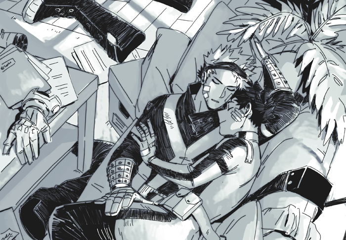 5mll3, bakugou katsuki, midoriya izuku, boku no hero academia, 2boys, arm up, bandaged fingers, bandages, bandaid, bandaid on face, belt, belt pouch, boots, closed eyes, closed mouth, couch, eye mask, folder, gauze, gauze on cheek, gloves, greyscale, hand on another's arm, hand on another's leg, lying, male focus, mask, mask lift, monochrome, multiple boys, on back, on couch, on side, pants, paper, pillow, plant, potted plant, pouch, short hair, smile, spiked hair, superhero costume, table, unworn boots, unworn clothes, unworn gloves, wooden floor, yaoi