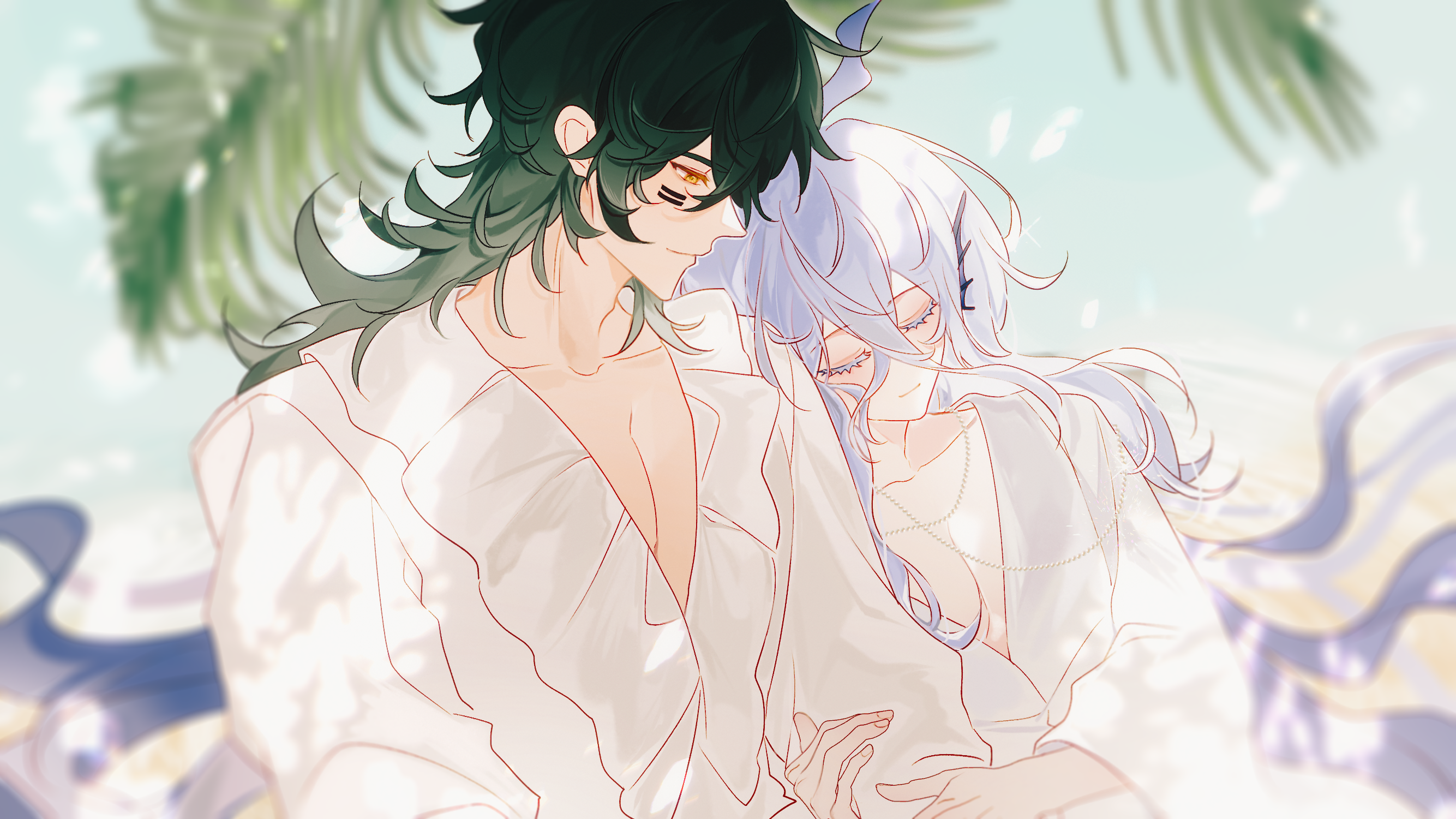 siiiiiiiiiii, gatling pea (plants vs. zombies), shadow peashooter (plants vs. zombies), plants vs. zombies, plants vs. zombies 2, chinese commentary, commentary request, highres, 2boys, adam's apple, androgynous, arm hug, blue sky, blurry, blurry background, cheek tattoo, closed eyes, closed mouth, collarbone, colored eyelashes, crossed bangs, dappled sunlight, day, depth of field, double-parted bangs, fingernails, frilled shirt, frills, green hair, grey hair, hair between eyes, hair ornament, head on another's shoulder, jewelry, leaf, long hair, long hair between eyes, looking at another, male focus, medium hair, multiple boys, necklace, outdoors, pearl necklace, pectorals, personification, profile, shirt, simple background, sky, smile, sunlight, tattoo, trap, u u, upper body, very long hair, white eyelashes, white shirt, yellow eyes