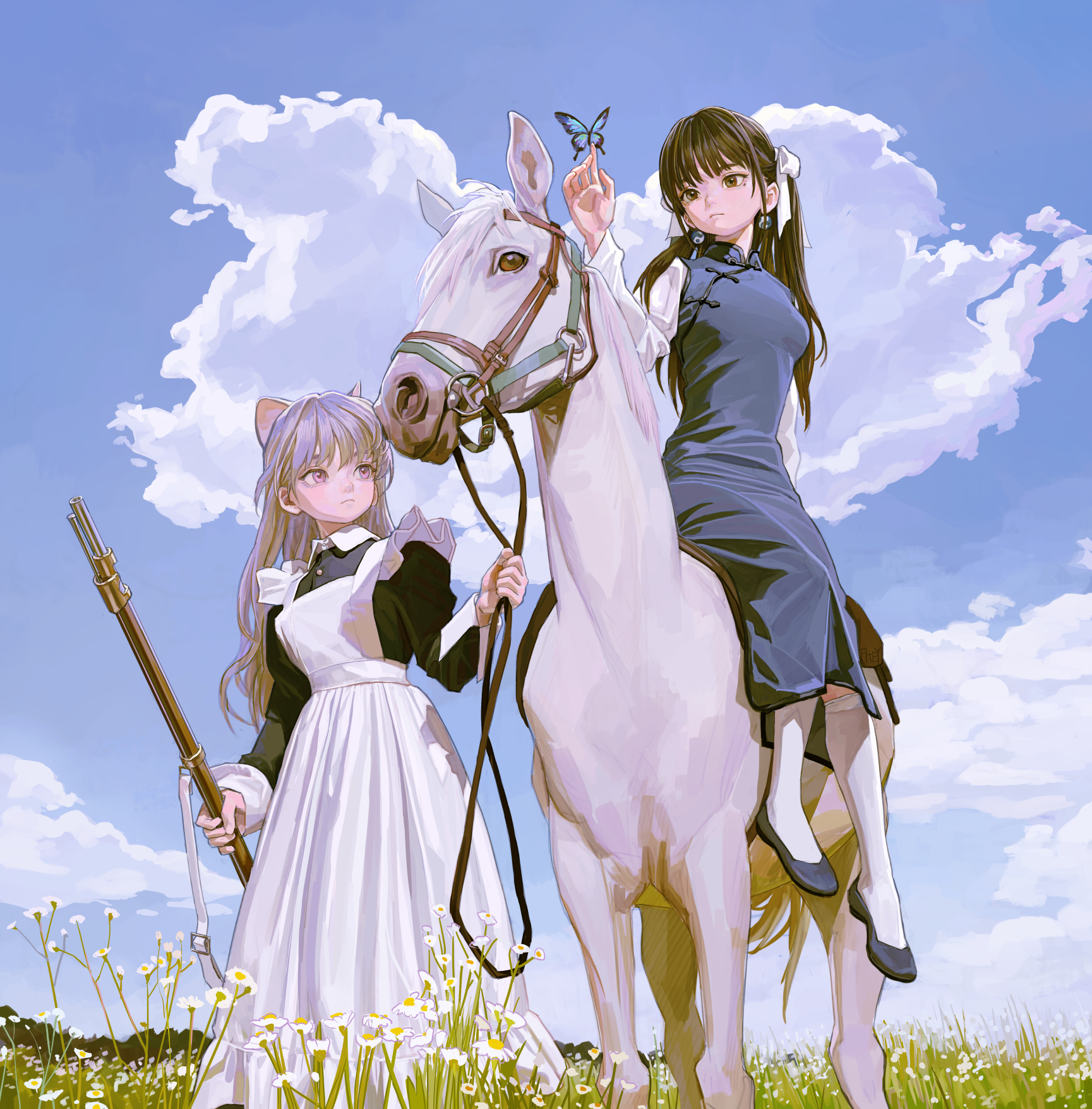 fkey, eyeball bracelet girl (fkey), feiqizi (fkey), original, commentary, highres, symbol-only commentary, 2girls, animal ears, apron, black shoes, brown eyes, brown hair, bug, butterfly, butterfly on hand, china dress, chinese clothes, closed mouth, cloud, day, dress, earrings, flower, frilled apron, frills, grass, grey hair, gun, hair ribbon, holding, holding gun, holding weapon, horseback riding, insect, jewelry, kneehighs, long hair, maid, maid apron, mole, mole under eye, multiple girls, outdoors, pankou, pink eyes, reins, ribbon, riding, shanghai neckline, shoes, sky, socks, twintails, weapon, white apron, white flower, white ribbon, white socks, yin yang, yin yang earrings