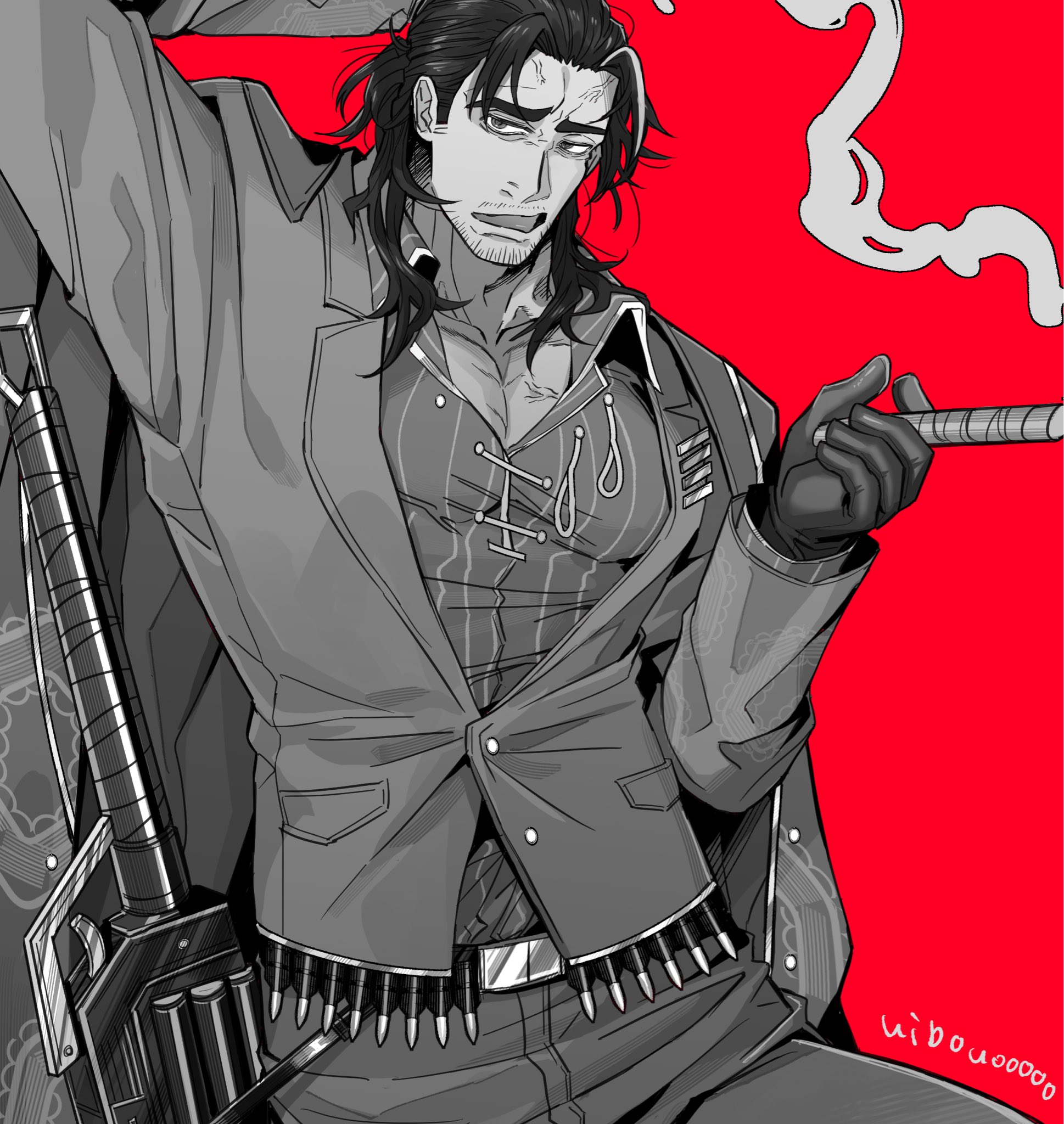 uibou00000, lei heng (project moon), limbus company, project moon, commentary, highres, 1boy, ammunition belt, arm up, beard stubble, belt, cowboy shot, facial hair, greyscale, greyscale with colored background, gunblade, hand up, jacket, lapels, large pectorals, looking at viewer, medium hair, monochrome, multicolored hair, notched lapels, open mouth, pectorals, red background, simple background, smoke, smoking, solo, streaked hair, stubble, weapon