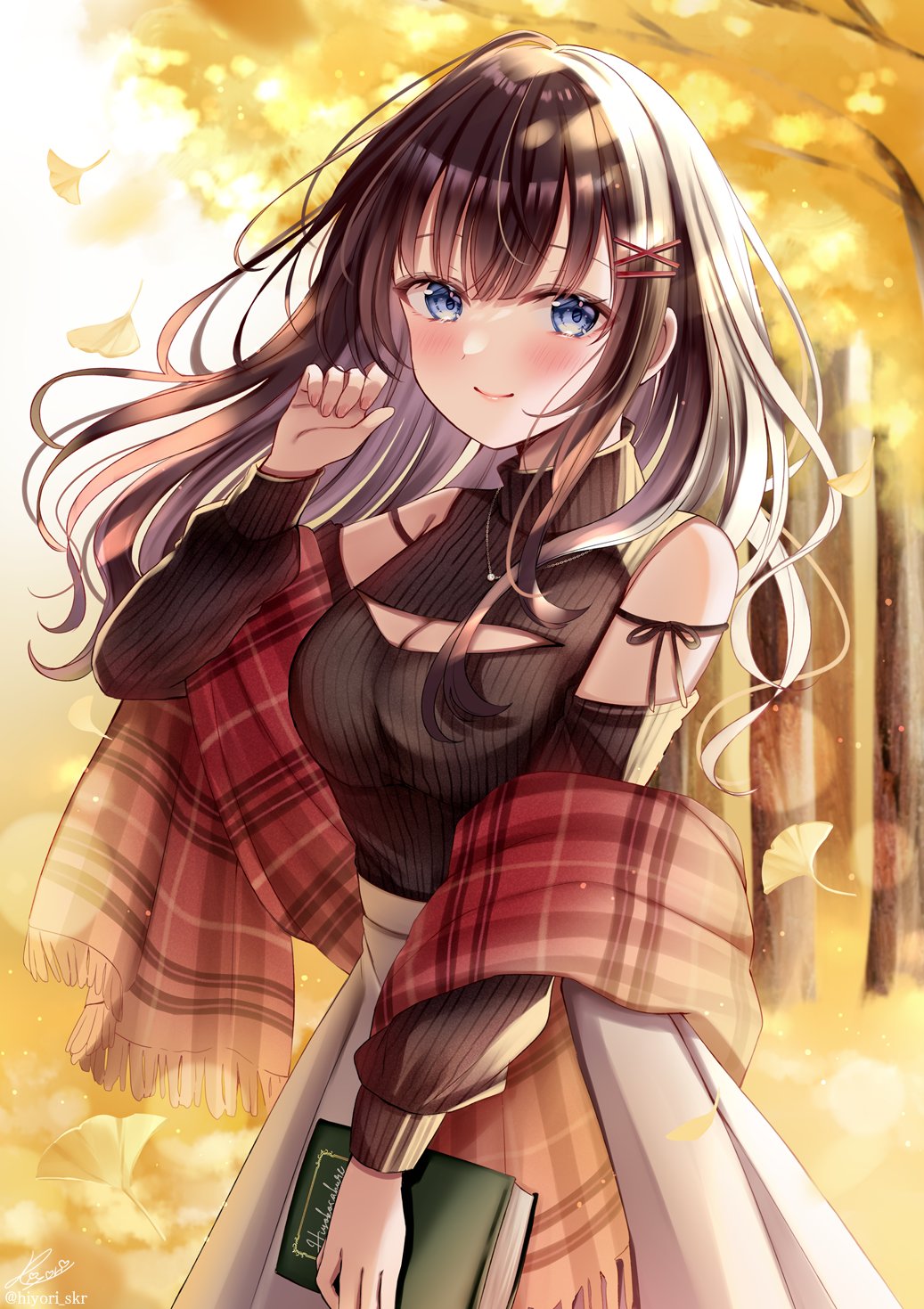 sakura hiyori, original, commentary request, highres, 1girl, black hair, black sweater, blue eyes, blush, book, breasts, cleavage, cleavage cutout, closed mouth, clothing cutout, detached sleeves, grey skirt, hair between eyes, hair ornament, hairclip, holding, holding book, leaf, long hair, looking at viewer, medium breasts, open mouth, red shawl, shawl, skirt, smile, solo, sweater, tree, x hair ornament