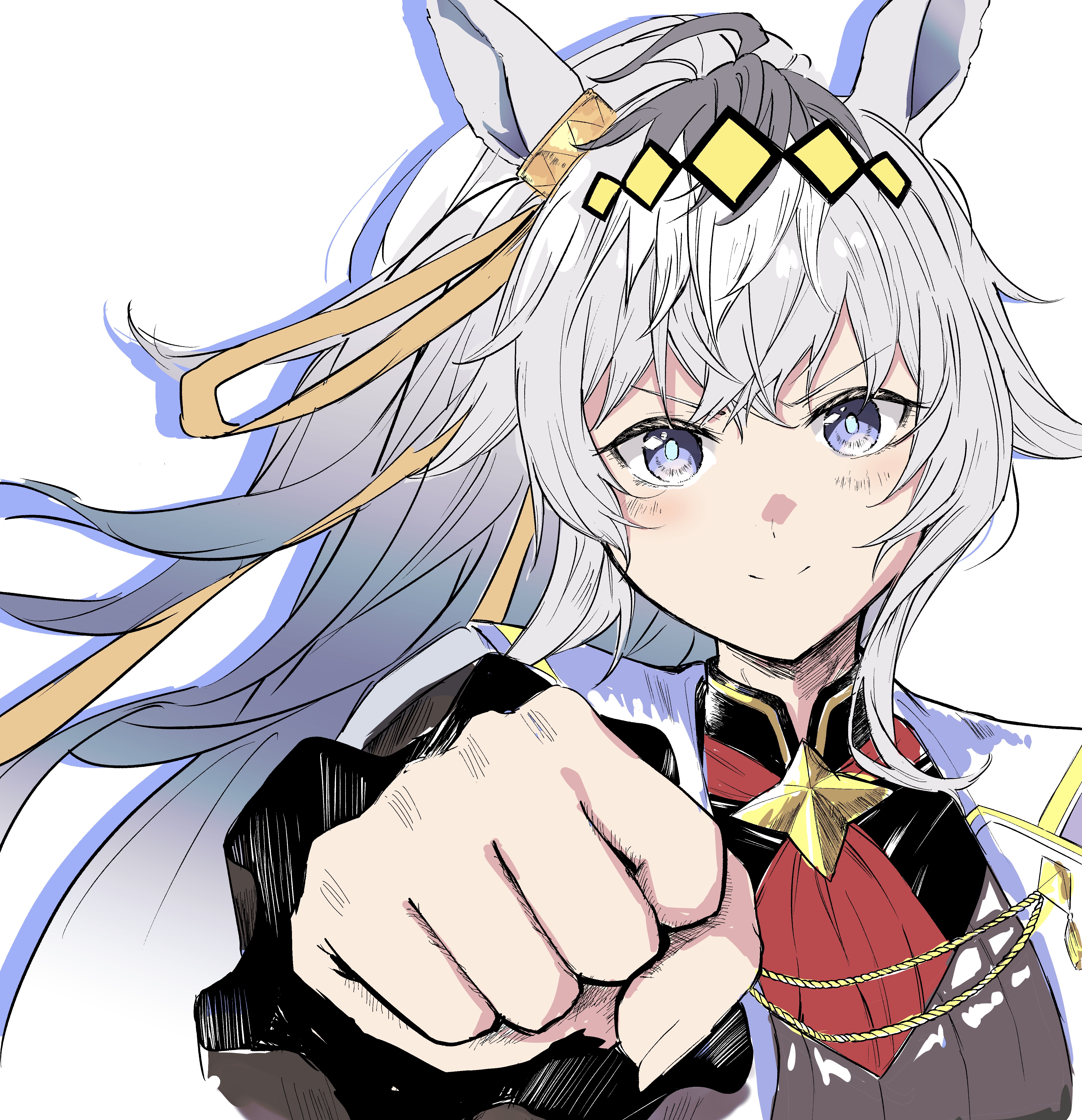 kichi tik, oguri cap (umamusume), umamusume, umamusume: cinderella gray, absurdres, commentary request, highres, 1girl, ahoge, animal ears, black shirt, blue eyes, blush, brooch, closed mouth, fist bump, grey hair, grey leotard, hair between eyes, hair ornament, hair ribbon, horse ears, horse girl, jacket, jewelry, leotard, long hair, long sleeves, looking at viewer, neckerchief, oguri cap (cinderella gray) (umamusume), ponytail, reaching, reaching towards viewer, red neckerchief, ribbon, shirt, simple background, smile, solo, star brooch, upper body, white background, white jacket