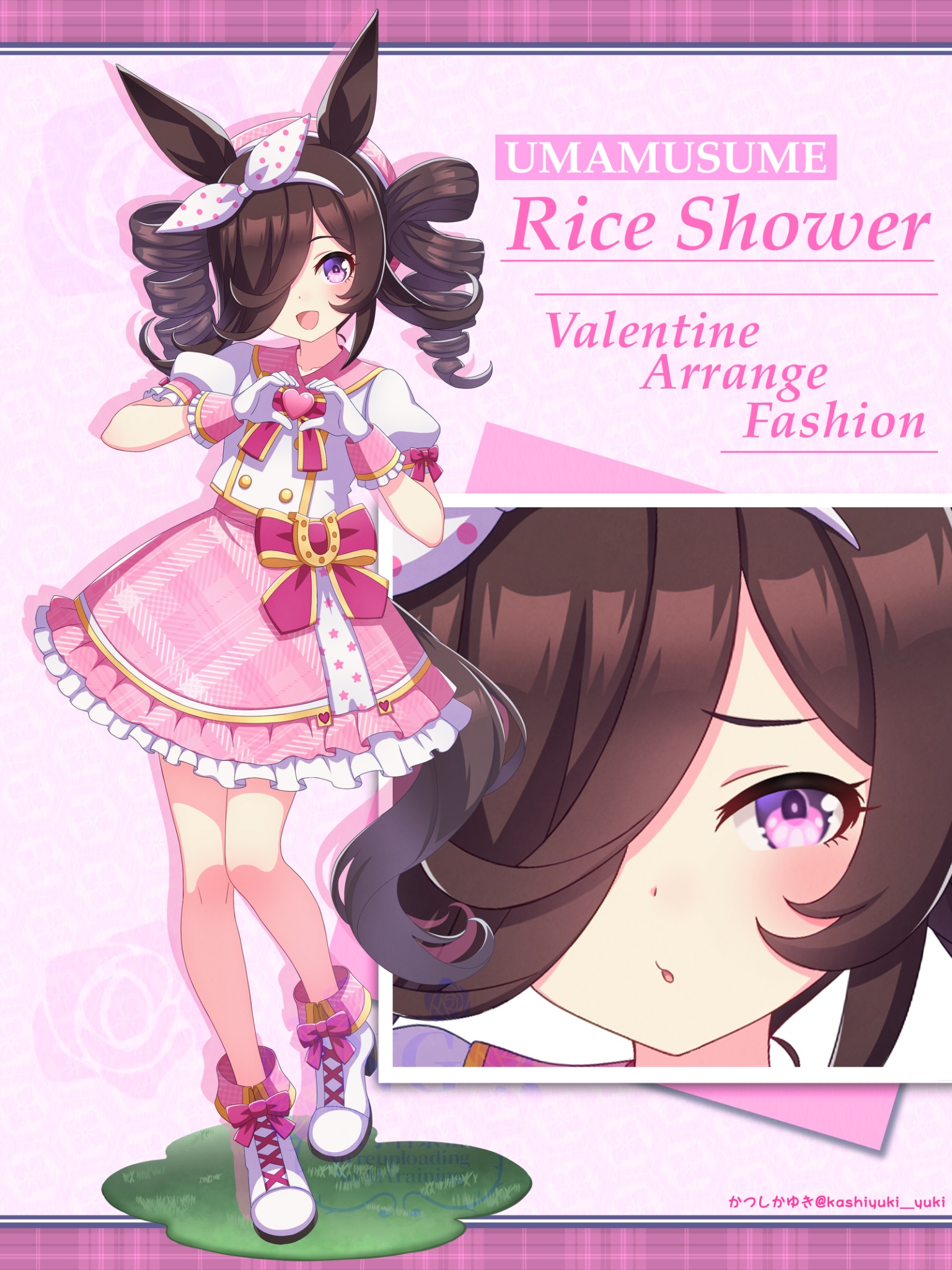 hokuyukis, rice shower (umamusume), umamusume, commentary request, highres, 1girl, alternate costume, animal ears, blush, boots, bow, bow hairband, brown hair, drill hair, drill sidelocks, flipped hair, gloves, hair over one eye, hairband, heart, heart hands, horse ears, horse girl, horse tail, long hair, looking at viewer, open mouth, parted lips, pink bow, pink sailor collar, pink skirt, purple eyes, sailor collar, shirt, short sleeves, side drill, sidelocks, skirt, smile, tail, twin drills, white boots, white gloves, white shirt