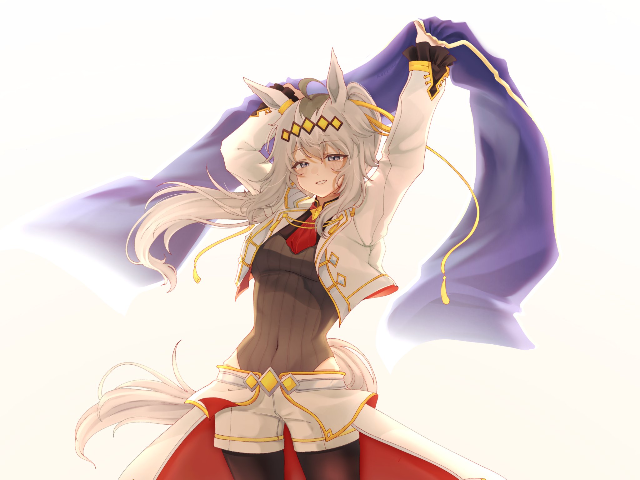 arima kinen, oguri cap (umamusume), umamusume, umamusume: cinderella gray, highres, 1girl, ahoge, animal ears, black pantyhose, blue eyes, breasts, brooch, clothing cutout, cropped jacket, ear ornament, grey hair, grey leotard, grey tail, hair between eyes, hair ornament, hair ribbon, hairband, hip vent, holding, horse ears, horse girl, horse tail, jacket, jewelry, koppiaa, leotard, long hair, long sleeves, looking at viewer, medium breasts, multicolored hair, neckerchief, oguri cap (cinderella gray) (umamusume), overskirt, pantyhose, pantyhose under shorts, parted lips, ponytail, red neckerchief, ribbon, shorts, simple background, smile, solo, star brooch, tail, white jacket, white shorts, yellow ribbon