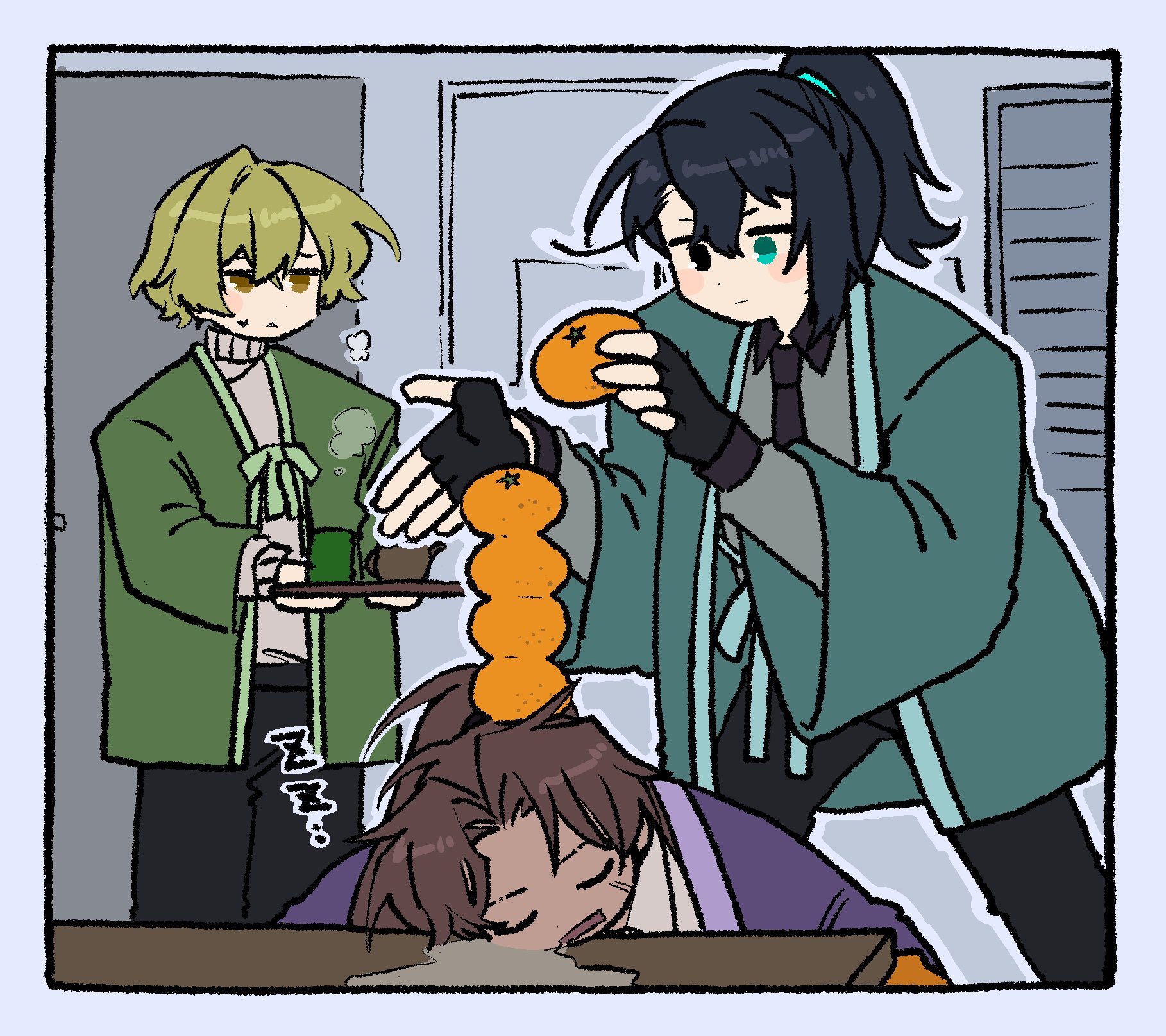 nantekottawo!!, heathcliff (project moon), hong lu (project moon), sinclair (project moon), limbus company, project moon, commentary, highres, symbol-only commentary, 3boys, aqua eyes, black eyes, black gloves, black hair, blonde hair, brown hair, cup, fingerless gloves, food, fruit, full-stop office (identity) (project moon), gloves, hair intakes, haori, heterochromia, high ponytail, holding, holding tray, indoors, japanese clothes, kotatsu, mandarin orange, multiple boys, ponytail, stacking, steam, table, teapot, tray, yellow eyes, yunomi