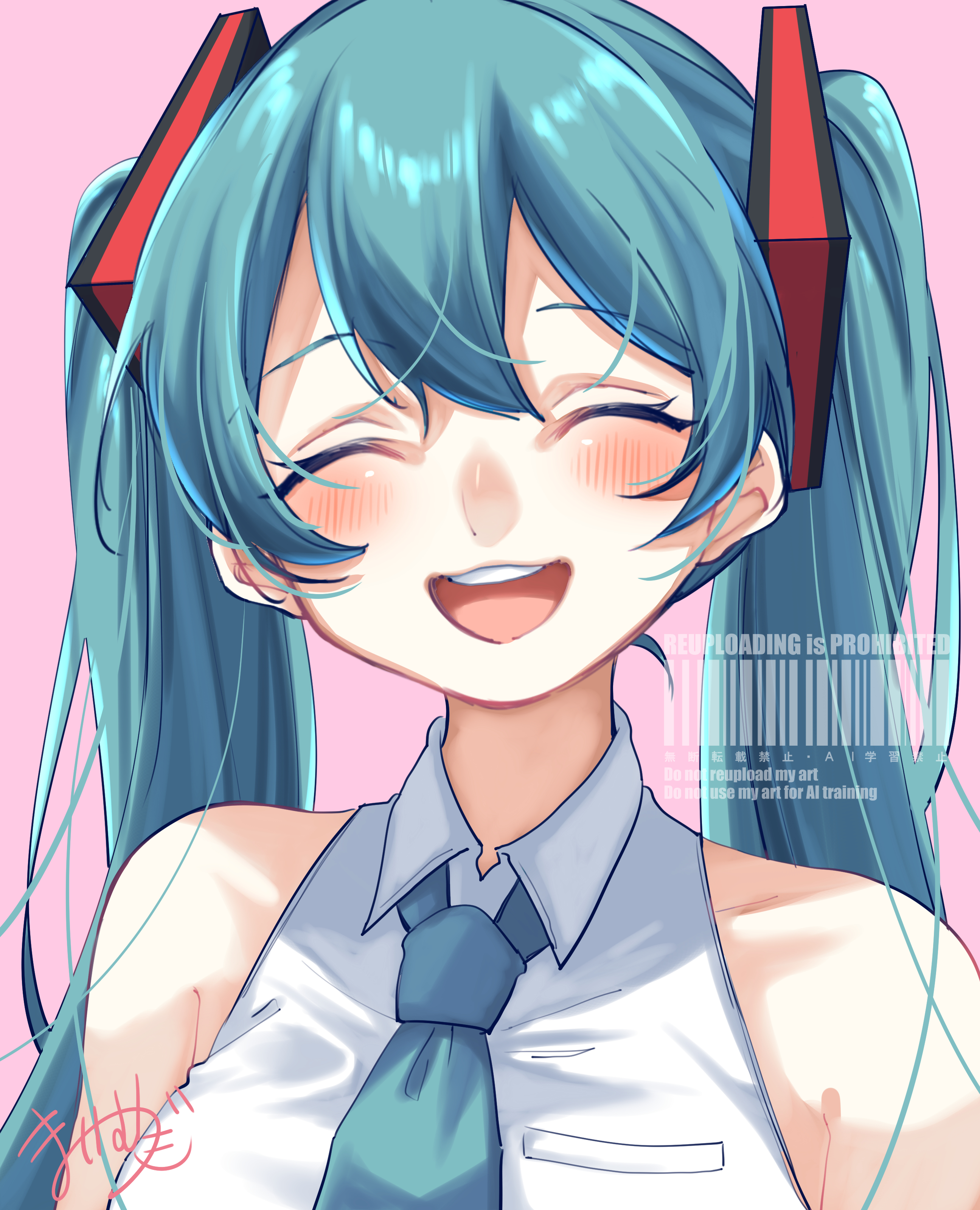 mai mugi, hatsune miku, vocaloid, absurdres, commentary request, highres, 1girl, bare shoulders, blue hair, blue nails, blue necktie, blue trim, blush, breasts, closed eyes, collarbone, collared shirt, detached sleeves, hair between eyes, hair ornament, long hair, looking at viewer, medium breasts, necktie, open mouth, pink background, shirt, signature, simple background, sleeveless, sleeveless shirt, solo, tattoo, twintails, very long hair, watermark, white shirt