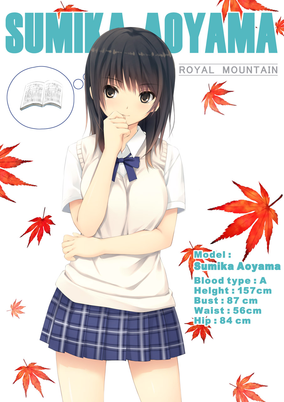 coffee-kizoku, aoyama sumika, original, highres, 1girl, blouse, brown eyes, brown hair, character name, collared shirt, cowboy shot, female focus, hand to own mouth, leaf, looking at viewer, maple leaf, plaid clothes, plaid skirt, school uniform, shirt, skirt, solo, speech bubble, stats, sweater vest, thought bubble, white shirt