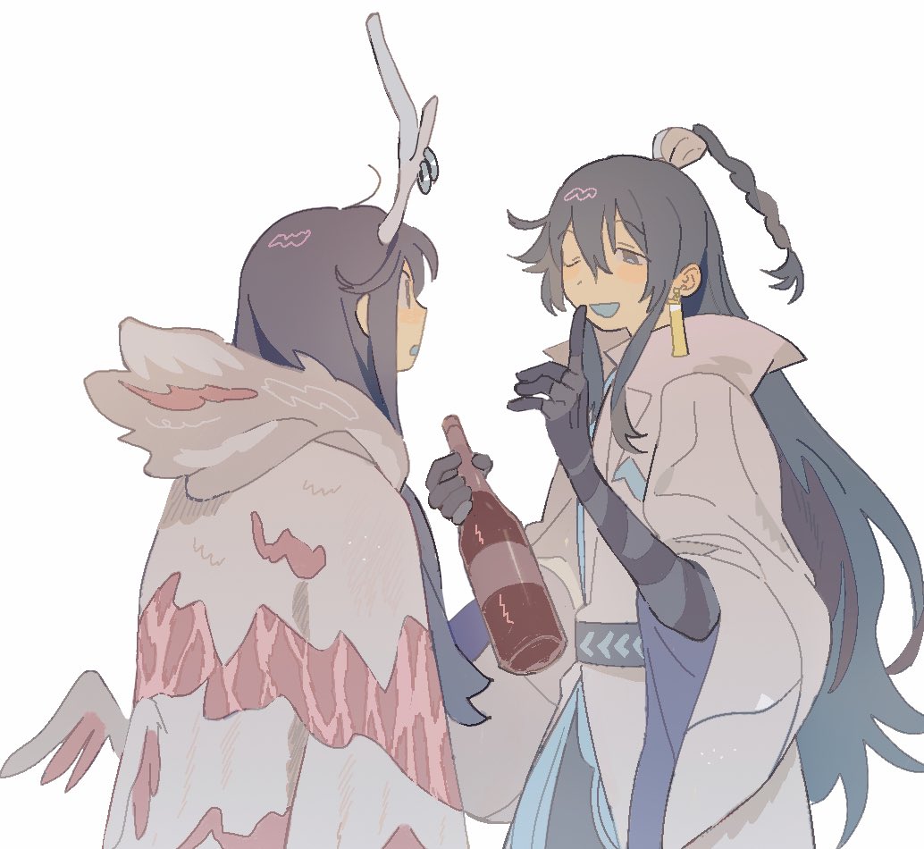 hong lu (project moon), limbus company, project moon, commentary, 2boys, bakori 555, black hair, black sash, bottle, coat, dragon horns, e.g.o (project moon), eastern dragon horns, gradient hair, half updo, holding, holding bottle, horns, index finger raised, long hair, multicolored hair, multiple boys, one eye closed, open mouth, sash, sidelocks, simple background, single wing, smile, tears of the tarnished blood (e.g.o), to remain oneself (e.g.o), very long hair, white background, white coat, white horns, wide sleeves, wings