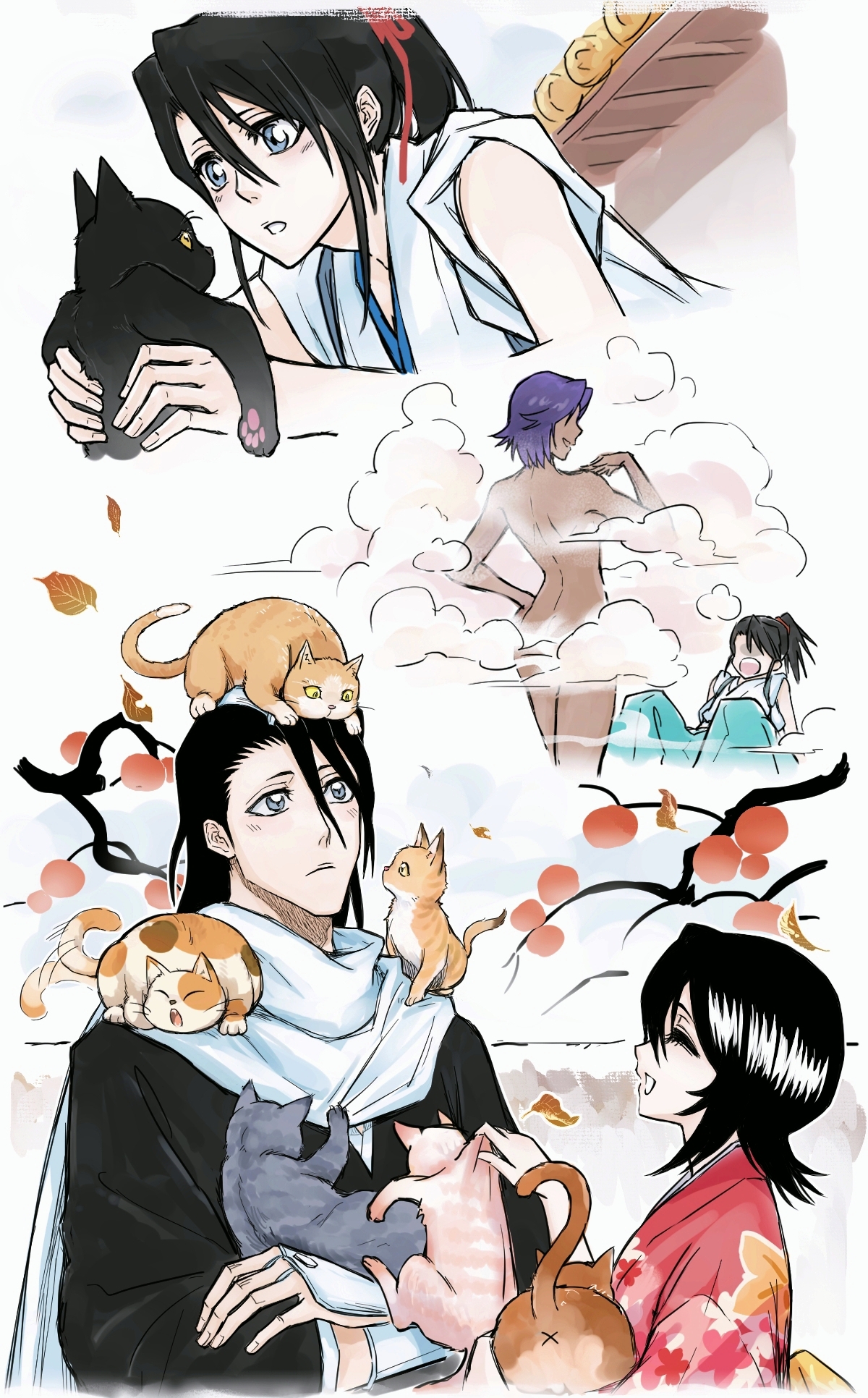 antatica11, kuchiki byakuya, kuchiki hisana, shihouin yoruichi, shihouin yoruichi (cat), bleach, chinese commentary, commentary request, highres, 2boys, 2girls, aged down, animal, animal on head, black cat, black hair, blue eyes, bread, cat, cat on head, closed eyes, completely nude, convenient censoring, dark-skinned female, dark skin, dual persona, food, frown, holding, holding animal, holding cat, husband and wife, japanese clothes, kimono, medium hair, multiple boys, multiple girls, nude, on head, open mouth, ponytail, red kimono, shihakusho, smile, steam, steam censor