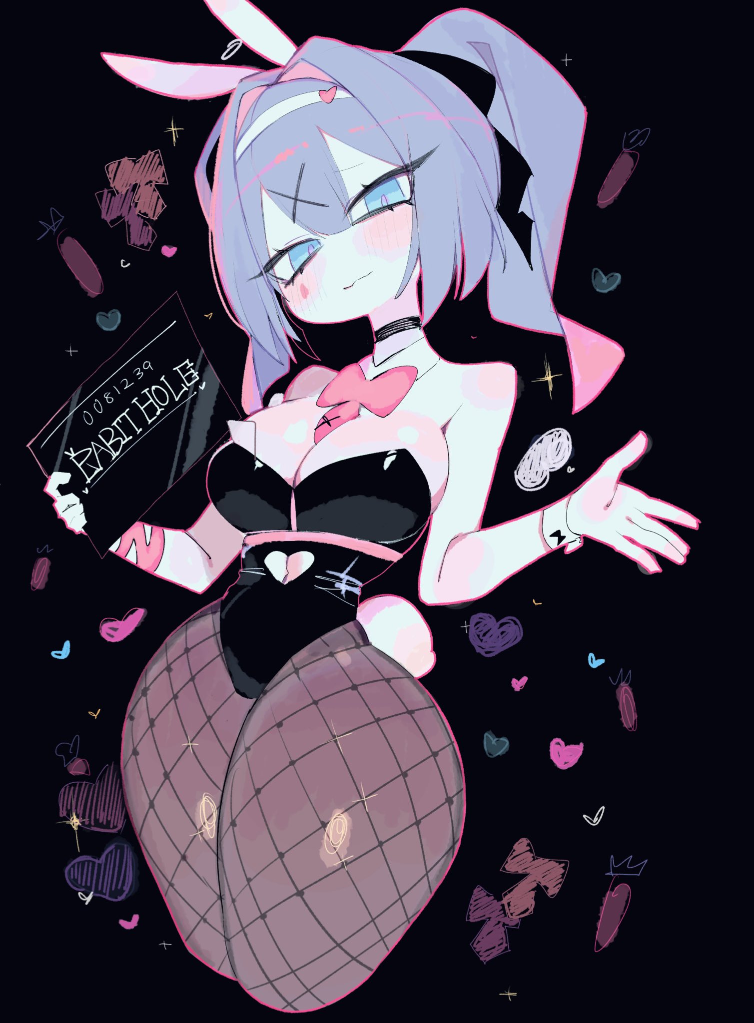 usa37107692, hatsune miku, rabbit hole (vocaloid), vocaloid, commentary, english commentary, highres, 1girl, animal ears, bare arms, black background, black choker, black leotard, blue eyes, blue hair, blush, bow, bowtie, breasts, brown pantyhose, choker, closed mouth, clothing cutout, cropped legs, detached collar, double-parted bangs, fake animal ears, fishnet pantyhose, fishnets, hair between eyes, hair intakes, hair ornament, hairband, hands up, heart, heart cutout, holding, holding sign, large breasts, leotard, looking at viewer, medium hair, navel, navel cutout, pantyhose, pink bow, pink bowtie, playboy bunny, rabbit ears, sign, smile, solo, strapless, strapless leotard, thick thighs, thighs, twintails, white hairband, x hair ornament