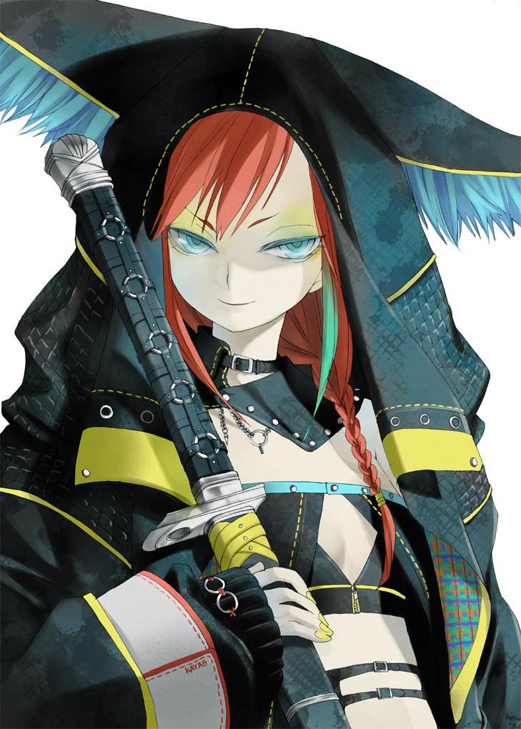 kaya8, original, bad id, bad pixiv id, 1girl, blue eyes, eyeshadow, female focus, makeup, nail polish, pale skin, red hair, ringed eyes, sheath, sheathed, smile, solo, sword, weapon, yellow nails