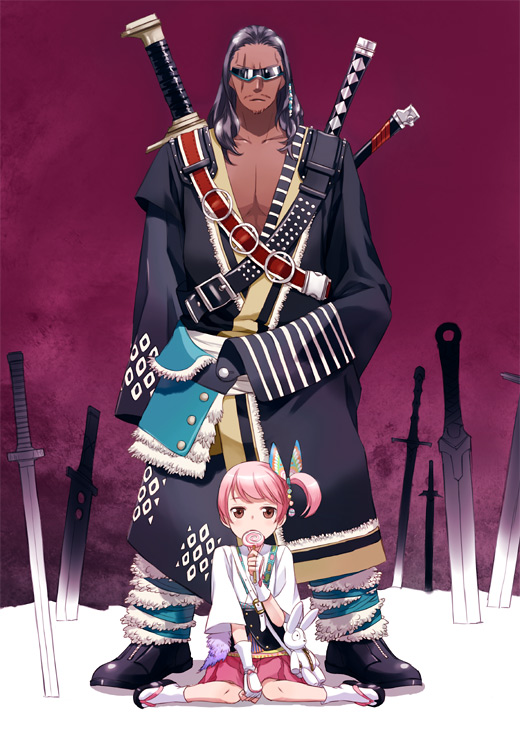 kaya8, original, bad id, bad pixiv id, candy, dark-skinned male, dark skin, field of blades, food, height difference, lollipop, pink hair, scar, side ponytail, sitting, size difference, standing, sunglasses, swirl lollipop, sword, sword on back, wariza, weapon, weapon on back