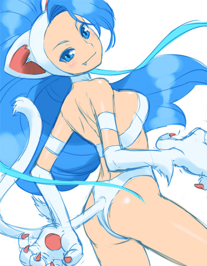 kaya8, felicia (darkstalkers), capcom, darkstalkers, 1girl, animal ears, animal hands, big hair, blue eyes, blue hair, cat ears, cat tail, fang, female focus, matching hair/eyes, solo, tail