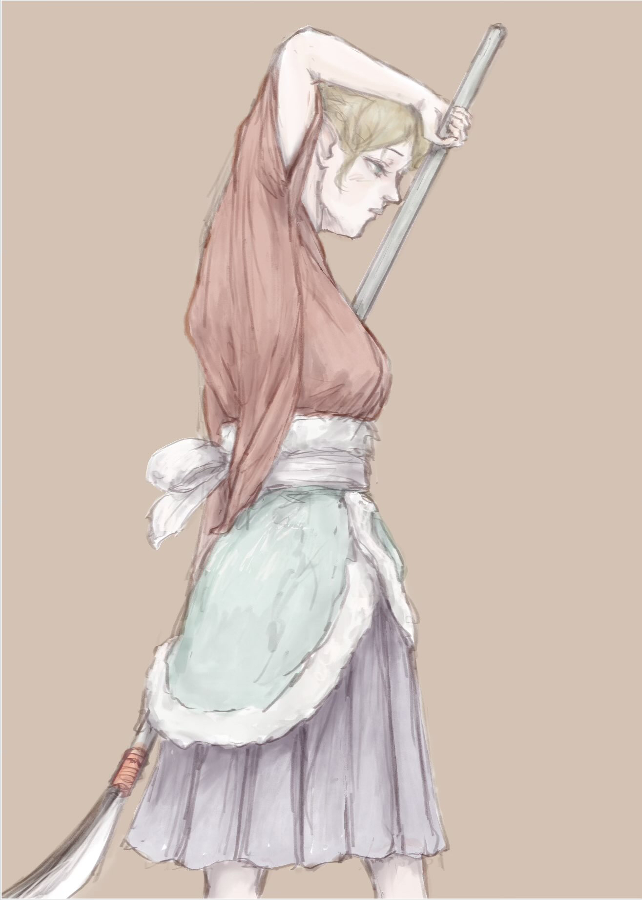 mizuhashi parsee, touhou, commentary, highres, 1girl, apron, arm up, blue skirt, blush, broom, brown background, brown kimono, green eyes, green hair, holding, holding broom, japanese clothes, kimono, long sleeves, pleated skirt, short hair, simple background, skirt, solo, white apron, wide sleeves, yashiki (sunny nari)