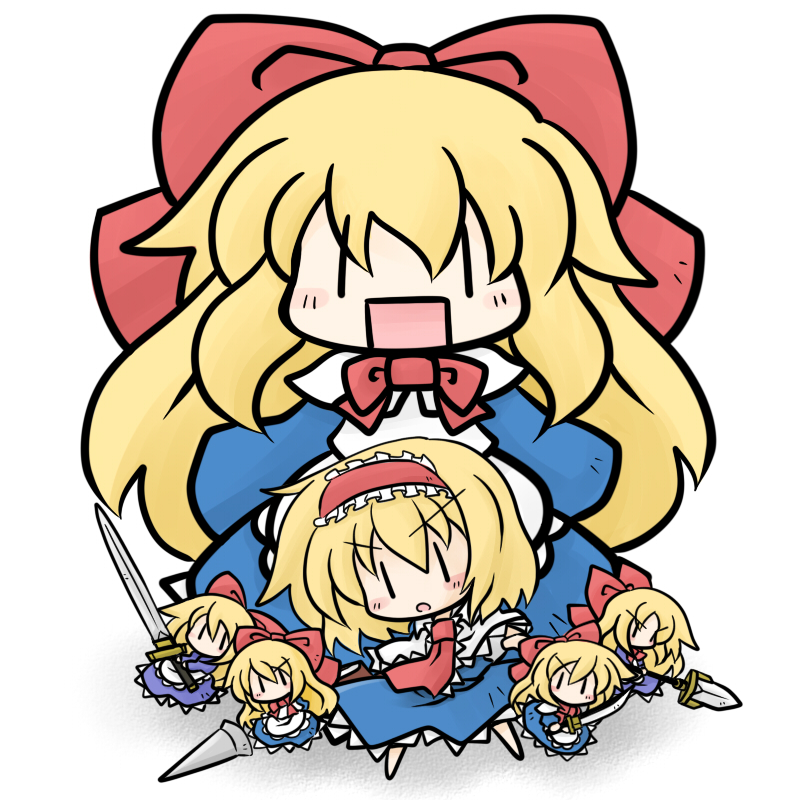 yanagi (nurikoboshi), alice margatroid, goliath doll, hourai doll, shanghai doll, touhou, 6+girls, blonde hair, bow, chibi, doll, female focus, full body, hair bow, hairband, katana, lance, multiple girls, polearm, solo, spear, standing, sword, weapon, white background, | |