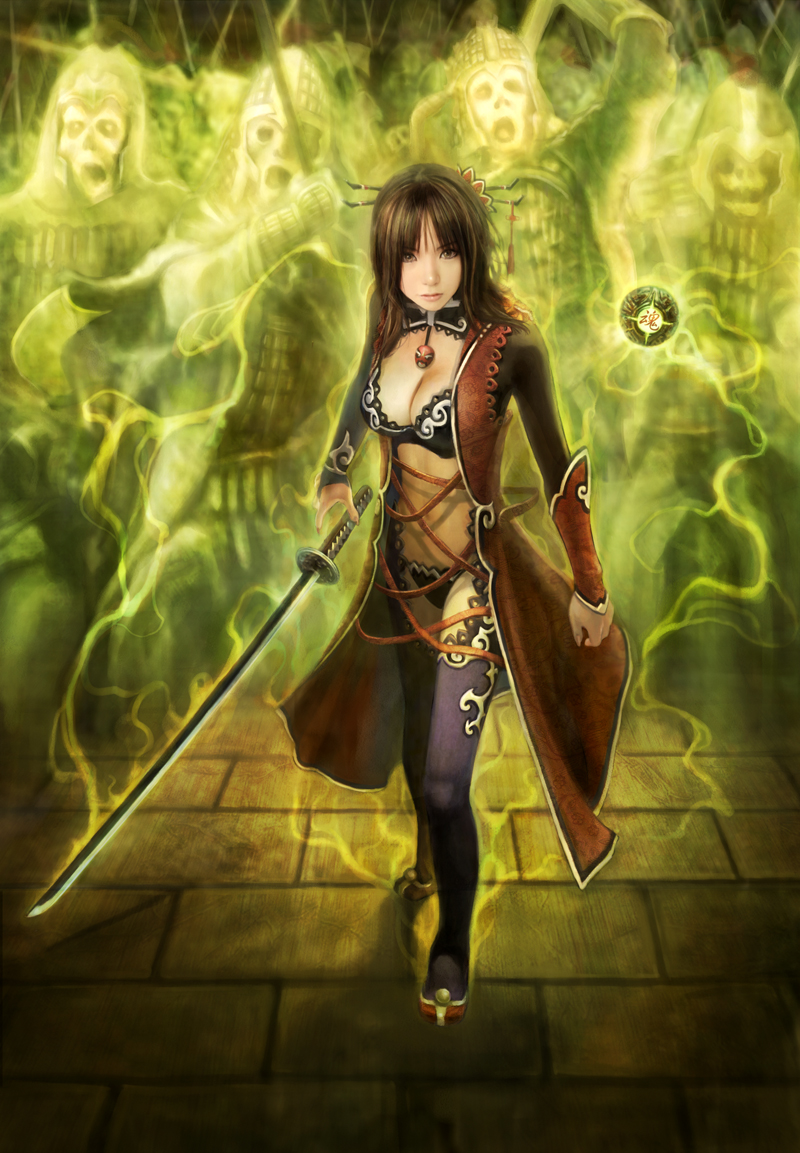 eat, eat0123, original, bad id, bad pixiv id, 1girl, armor, breasts, brown eyes, brown hair, cleavage, female focus, ghost, hair ornament, katana, legs, lips, photorealistic, realistic, solo, sword, thighhighs, weapon