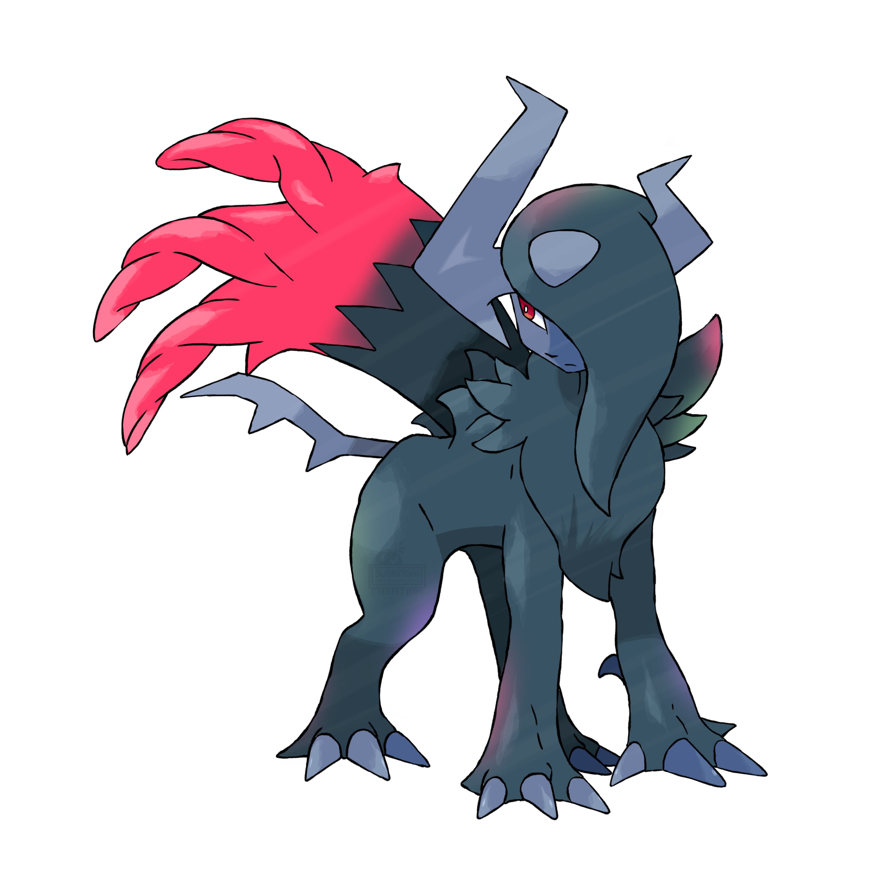 madzygardecore, absol, mega absol z, nintendo, pokemon, absurdres, highres, animal focus, asymmetrical horns, black fur, blue horns, body fur, claws, gen 3 pokemon, glowing, glowing wings, horns, mega pokemon, no humans, official style, one eye covered, pokemon (creature), pokemon focus, red eyes, red fur, red wings, single wing, sugimori ken (style), uneven horns, v-shaped eyes, wings