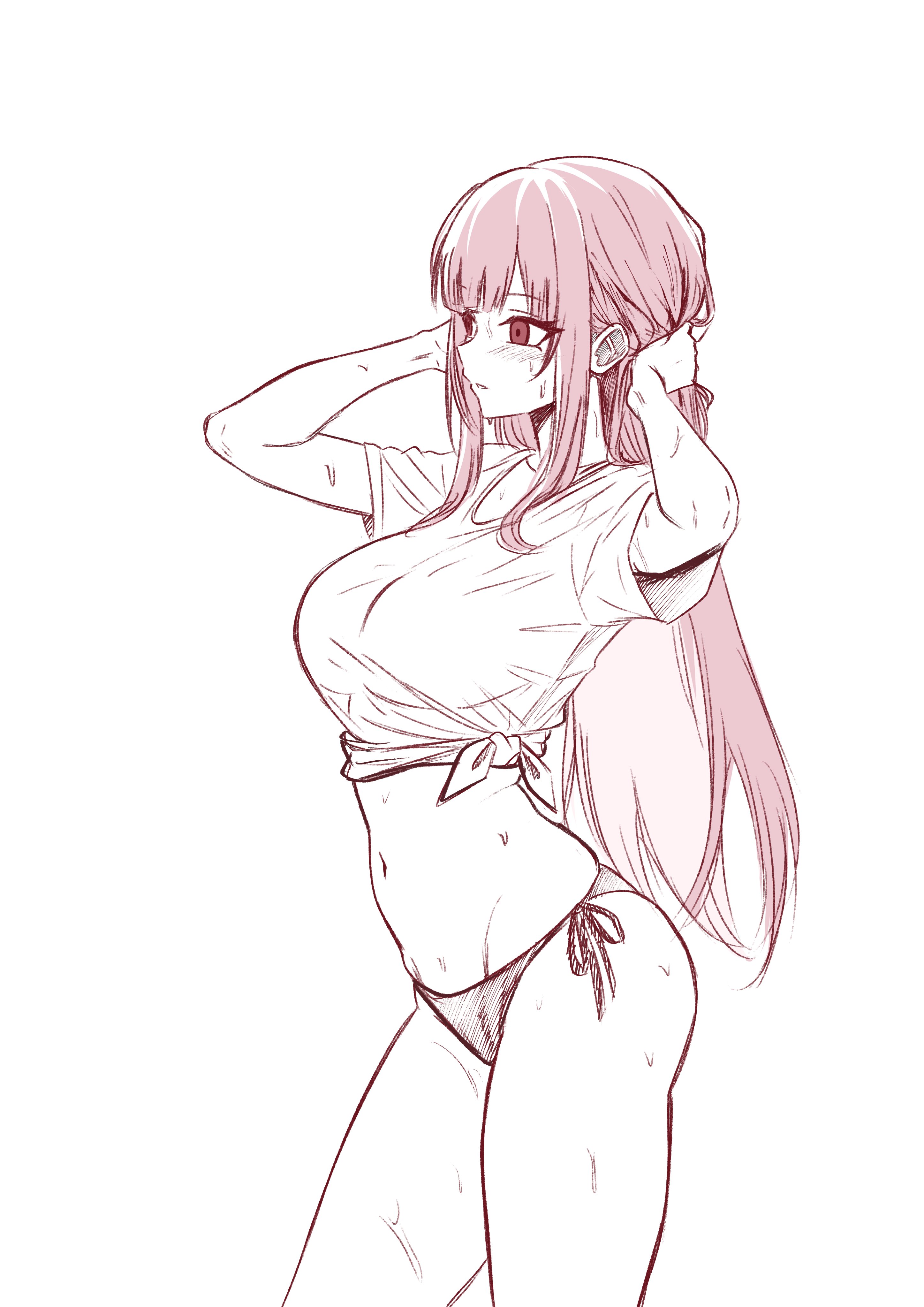 raikkonen, mori calliope, hololive, hololive english, absurdres, highres, 1girl, blush, breasts, long hair, panties, pink eyes, pink hair, shirt, side-tie panties, solo, underwear, virtual youtuber, wet, wet clothes, wet shirt