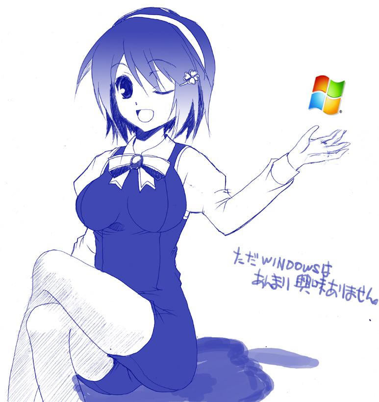 hrm, 7-tan, madobe nanami, microsoft windows, os-tan, bad id, bad pixiv id, 1girl, crossed legs, female focus, hair ornament, hairband, one eye closed, short hair, sitting, solo, wink