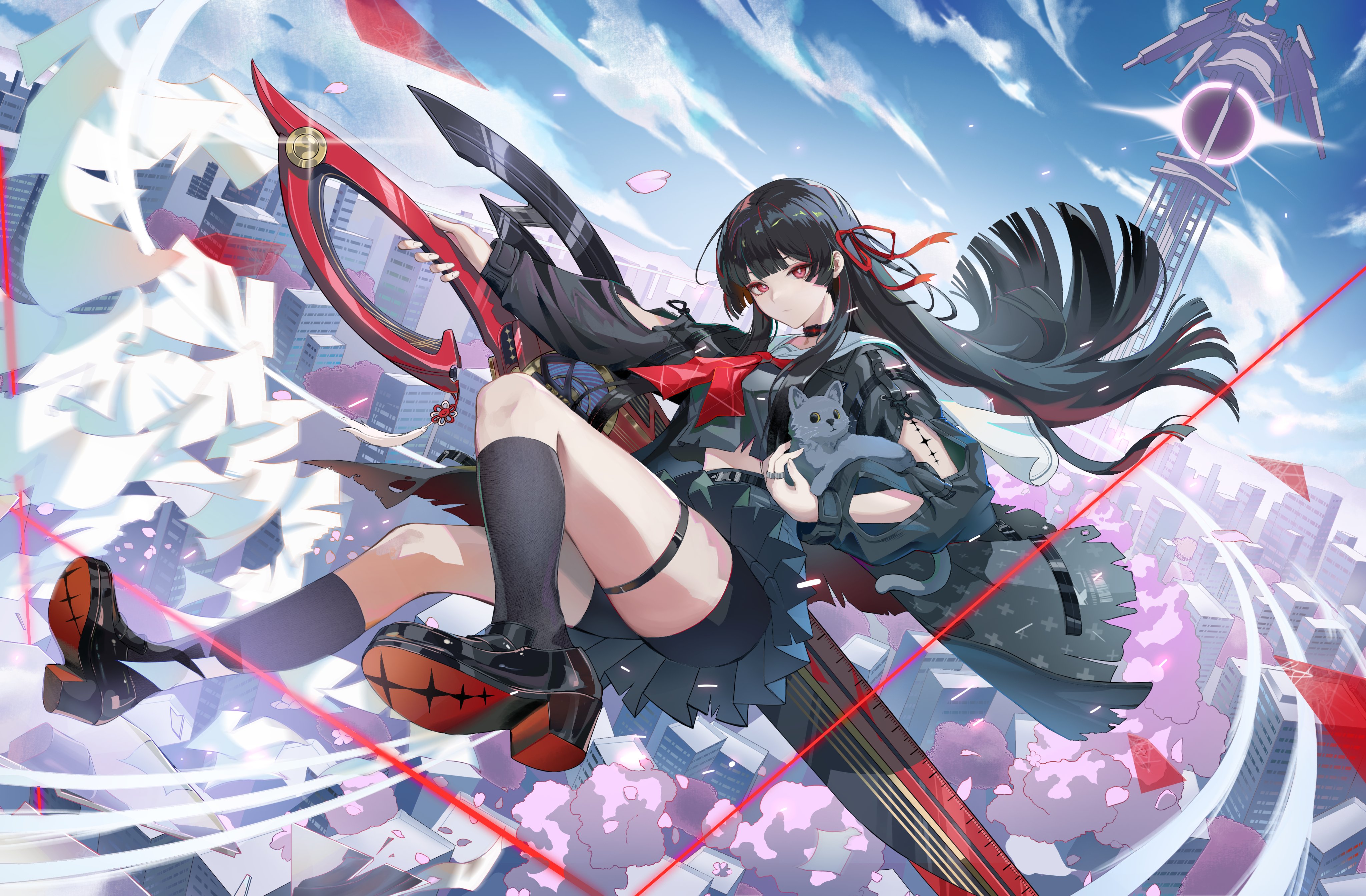 hodangdang ok, chisa (wuthering waves), wuthering waves, absurdres, commentary request, highres, korean commentary, 1girl, arm cutout, black hair, black jacket, black serafuku, black shirt, black shoes, black shorts, black skirt, black socks, blue sky, bright pupils, clothing cutout, holding, holding sword, holding weapon, jacket, long hair, long sleeves, looking at viewer, neckerchief, outdoors, red eyes, red neckerchief, school uniform, serafuku, shirt, shoes, shorts, shorts under skirt, skirt, sky, socks, solo, sword, tacet mark (wuthering waves), thigh strap, tower, weapon, white pupils