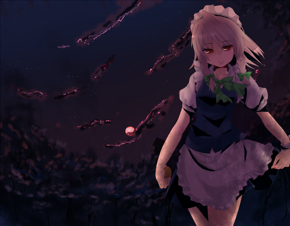 takamura, izayoi sakuya, embodiment of scarlet devil, touhou, silver hair, bad id, bad pixiv id, 1girl, braid, female focus, hairband, maid, moon, outdoors, red eyes, ribbon, short hair, sky, solo, twin braids