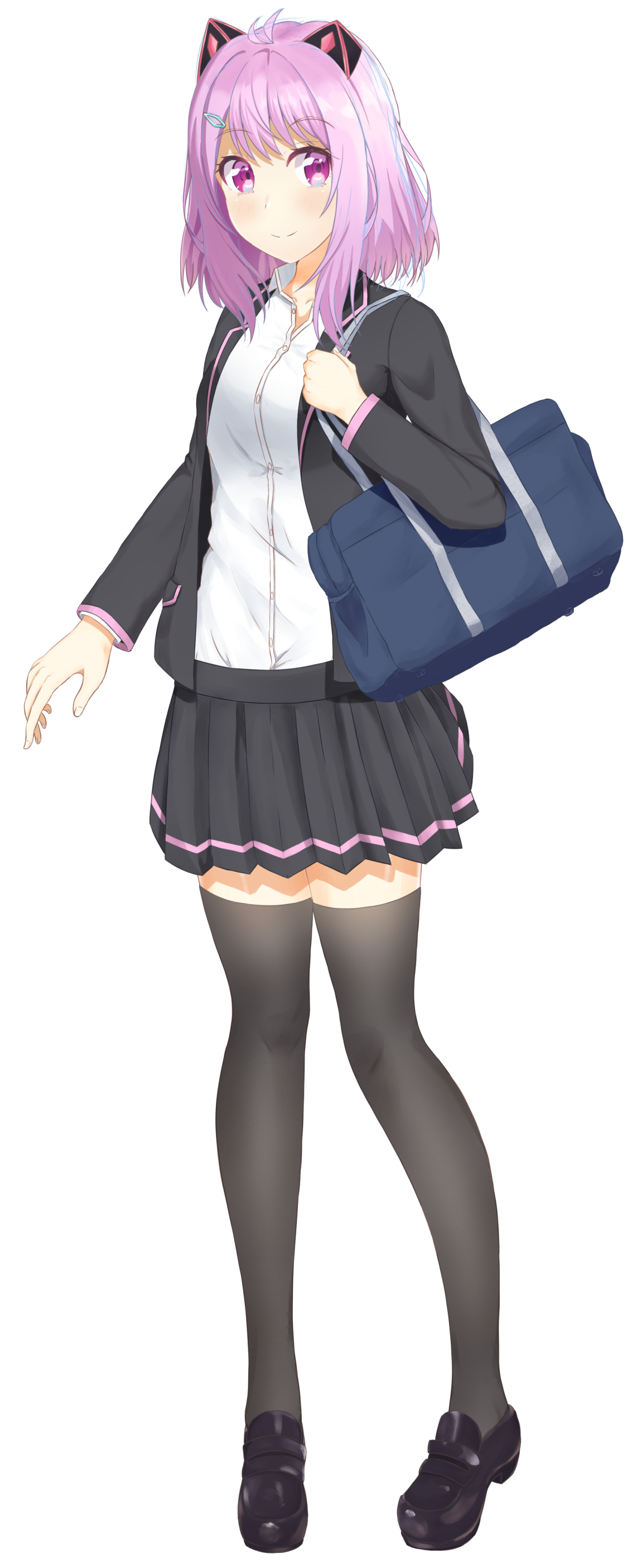 tachikaze (1428), otogi lilu, wactor production, absurdres, commentary request, highres, 1girl, alternate costume, animal ears, antenna hair, bag, black jacket, black shoes, black skirt, black thighhighs, blazer, casual, collared shirt, fake animal ears, full body, hair ornament, hairclip, jacket, long sleeves, looking at viewer, mary janes, medium hair, pleated skirt, purple eyes, purple hair, school uniform, shirt, shirt tucked in, shoes, shoulder bag, simple background, skirt, smile, solo, standing, thighhighs, virtual youtuber, white background, white shirt, wing collar, zettai ryouiki