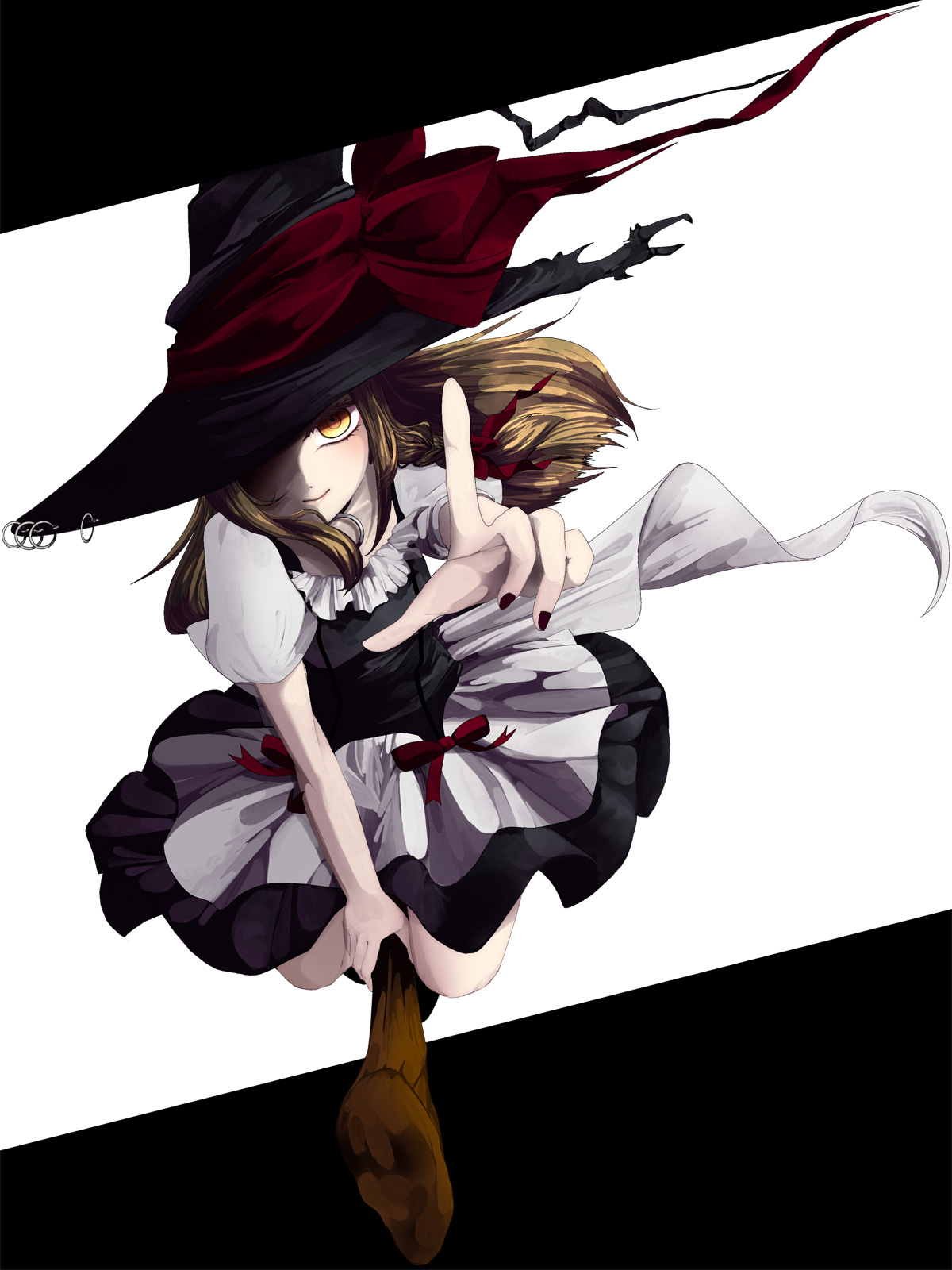 memai, kirisame marisa, touhou, bad id, bad pixiv id, highres, 1girl, black nails, blonde hair, broom, broom riding, female focus, hat, nail polish, ribbon, solo, witch, witch hat, yellow eyes