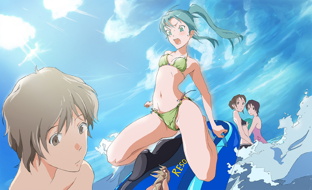 shiika sadamasa, hatsune miku, vocaloid, bad id, bad pixiv id, 1boy, 3girls, aqua eyes, aqua hair, bikini, brown eyes, brown hair, cloud, day, jet ski, multiple girls, navel, ocean, outdoors, sky, swimsuit, twintails, watercraft