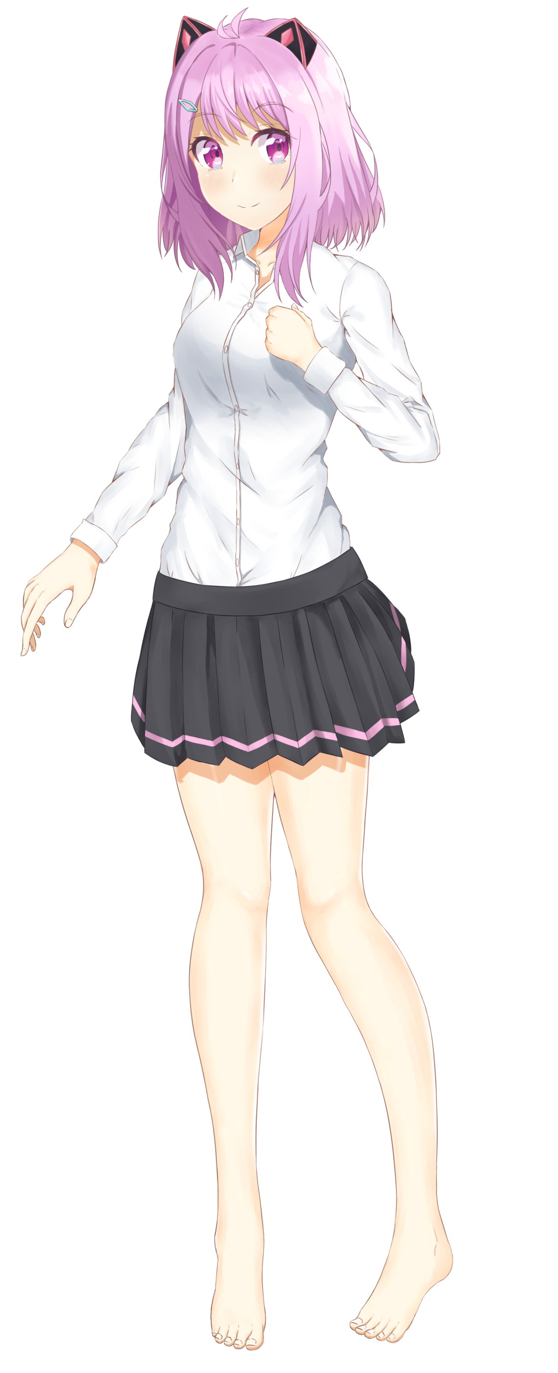 tachikaze (1428), otogi lilu, wactor production, absurdres, commentary request, highres, 1girl, alternate costume, animal ears, antenna hair, bare legs, barefoot, black skirt, casual, collared shirt, fake animal ears, full body, hair ornament, hairclip, long sleeves, looking at viewer, medium hair, pleated skirt, purple eyes, purple hair, shirt, shirt tucked in, simple background, skirt, smile, solo, standing, virtual youtuber, white background, white shirt, wing collar