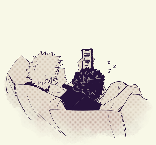 5mll3, bakugou katsuki, midoriya izuku, boku no hero academia, 2boys, arm around shoulder, cellphone, closed mouth, collarbone, crew neck, greyscale, head on chest, holding, holding phone, looking at phone, lying, male focus, monochrome, multiple boys, on side, phone, pillow, shirt, short hair, short sleeves, simple background, sketch, sleeping, spiked hair, t-shirt, yaoi, zzz