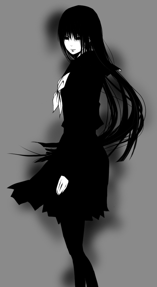 yuko (178kouro), hagoromo gitsune, nurarihyon no mago, bad id, bad pixiv id, 1girl, black eyes, black hair, female focus, gradient background, greyscale, long hair, monochrome, pantyhose, school uniform, solo