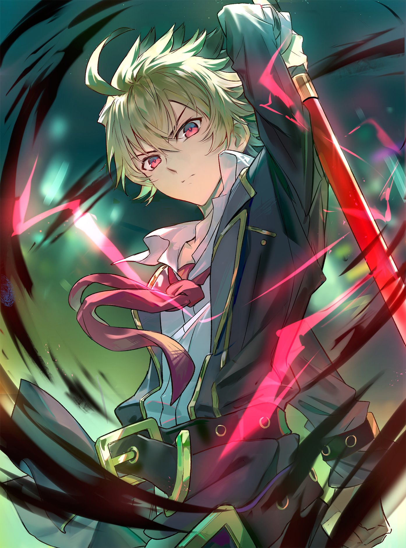 qitoli, kido hyde, under night in-birth, highres, 1boy, ahoge, belt, black hair, blonde hair, brown hair, holding, looking at viewer, male focus, multicolored hair, multiple belts, necktie, open collar, red eyes, reverse grip, school uniform, short hair, solo, sword, two-tone hair, weapon