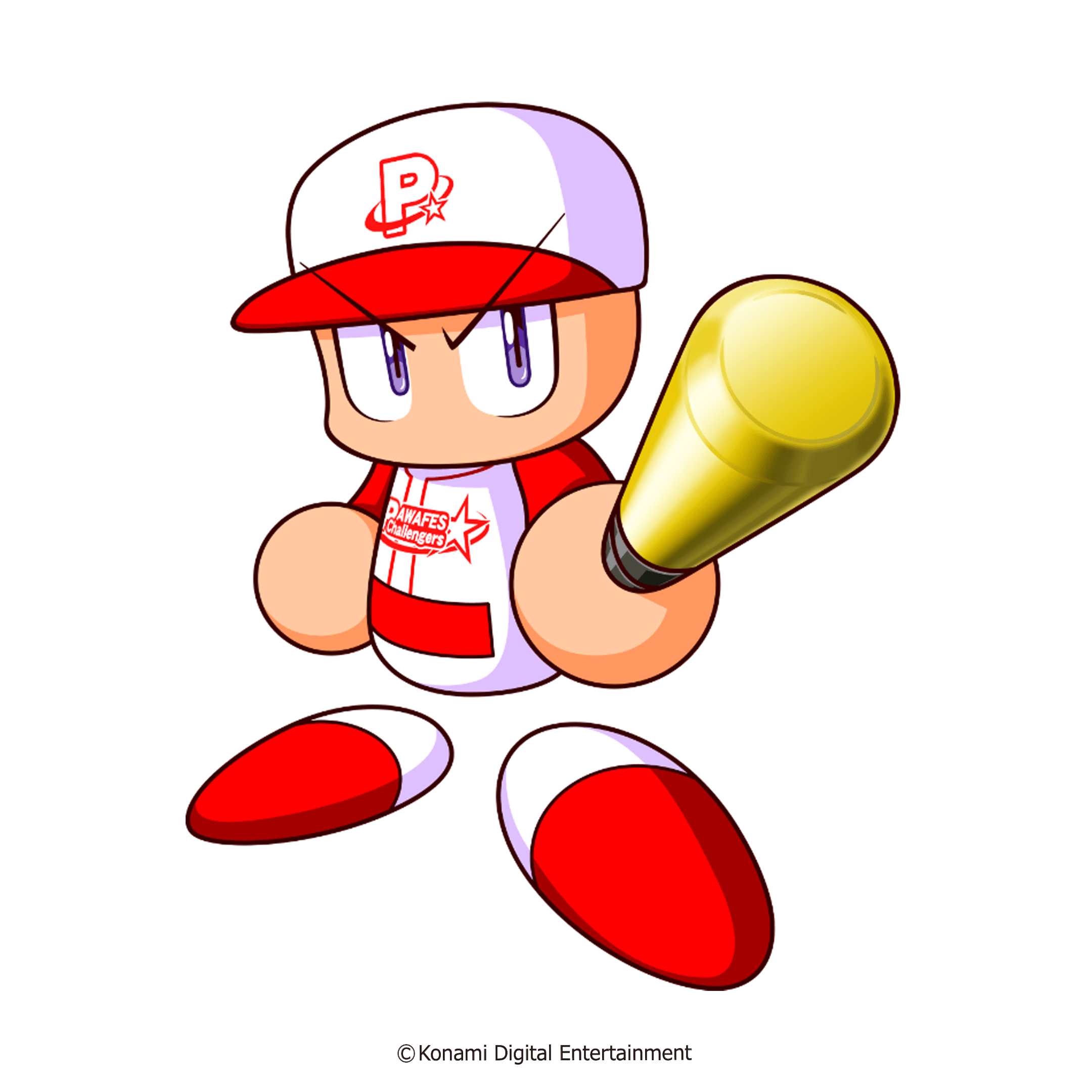 jikkyou powerful pro yakyuu, artist request, highres, official art, 1boy, baseball bat, baseball cap, baseball uniform, copyright notice, hat, holding, holding baseball bat, jikkyou powerful pro yakyuu (style), metal baseball bat, multicolored hat, no mouth, power pro kun, purple eyes, rayman limbs, red hat, solo, sportswear, white hat
