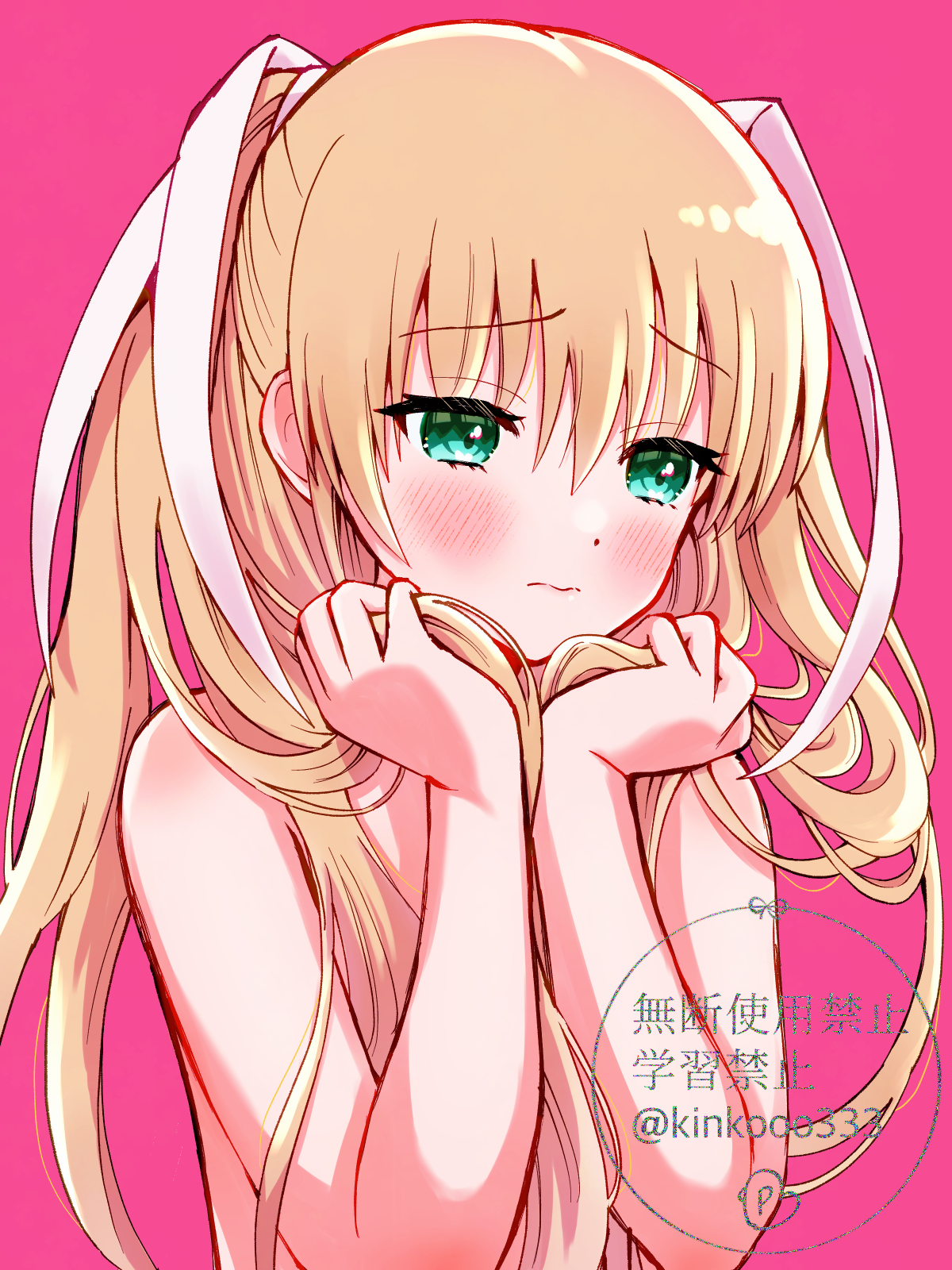 piyo (kinkooo333), tokido saya, little busters!, commentary request, highres, partial commentary, 1girl, 3:, aqua eyes, averting eyes, blonde hair, blush, closed mouth, embarrassed, eyelashes, furrowed brow, hair between eyes, hair ribbon, hand on headwear, hands up, holding, holding own hair, long hair, long ribbon, looking to the side, nude, pink background, ribbon, sidelocks, simple background, solo, twitter username, two side up, upper body, very long hair, watermark, white ribbon
