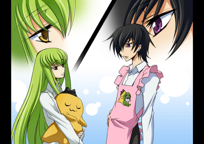 creayus, c.c., cheese-kun, lelouch vi britannia, code geass, pizza hut, 00s, 1boy, 1girl, black hair, green hair, pillarboxed, purple eyes, yellow eyes