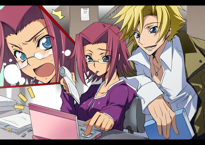 creayus, gino weinberg, kouzuki kallen, code geass, 00s, 1boy, 1girl, ^^^, bespectacled, blonde hair, blue eyes, computer, computer keyboard, glasses, laptop, letterboxed, mouth hold, red hair, short hair, surprised