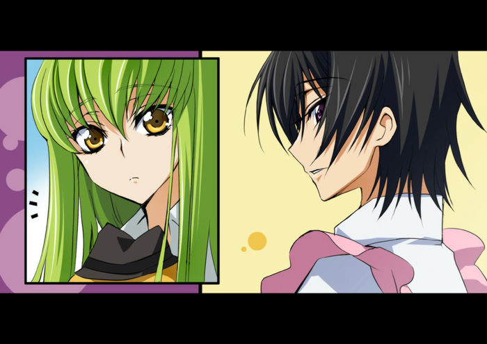 creayus, c.c., cheese-kun, lelouch vi britannia, code geass, 00s, 1boy, 1girl, black hair, green hair, letterboxed, purple eyes, yellow eyes