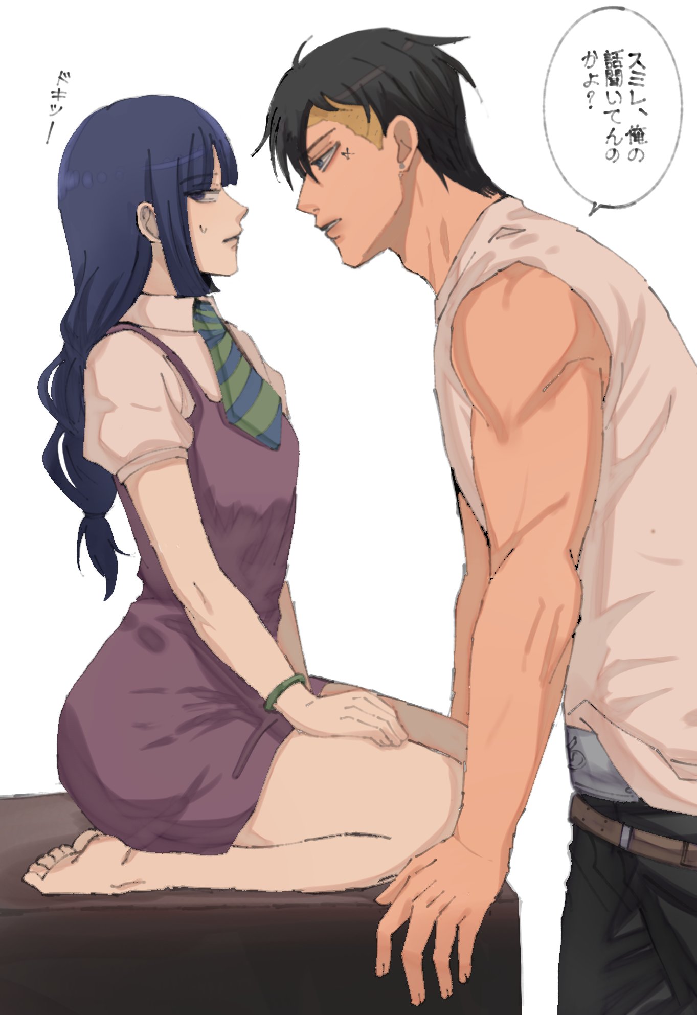 kakei sumire, kawaki (boruto), boruto: two blue vortex, naruto (series), commentary request, highres, translation request, 1boy, 1girl, barefoot, belt buckle, black hair, blonde hair, blue hair, bracelet, braid, buckle, diagonal-striped clothes, diagonal-striped necktie, dress, facial tattoo, ifevilwhyuhot, jewelry, multicolored hair, muscular, muscular male, necktie, puffy short sleeves, puffy sleeves, purple dress, shirt, short dress, short necktie, short sleeves, sitting, sleeveless, sleeveless shirt, striped clothes, tattoo, two-tone hair, undercut, wariza, white shirt