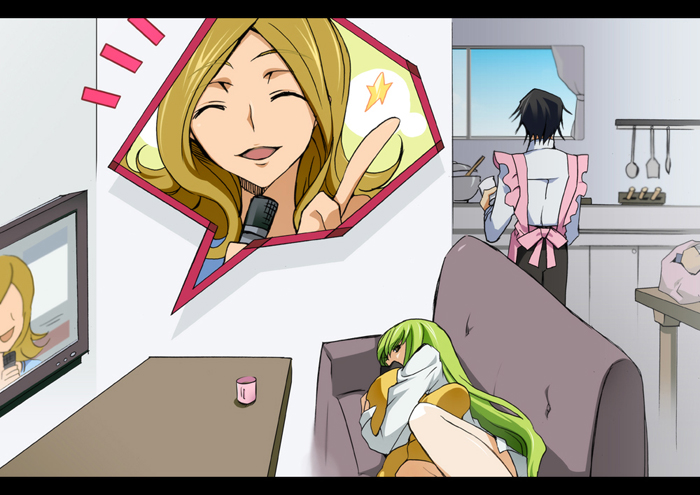 creayus, c.c., cheese-kun, lelouch vi britannia, milly ashford, code geass, 00s, 1boy, 1girl, apron, cooking, kitchen, letterboxed, star (symbol)