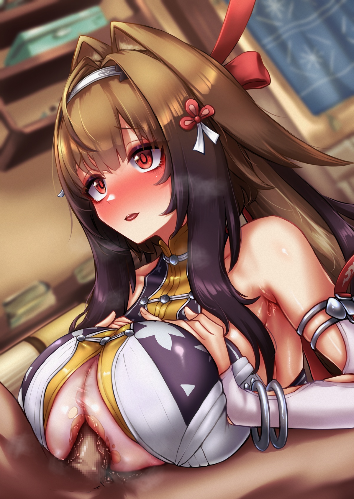 byoushitsu 403, ye shunguang, zenless zone zero, commentary request, highres, paid reward available, textless version, 1boy, 1girl, armlet, bare shoulders, blurry, blurry background, bracelet, breasts, brown hair, censored, china dress, chinese clothes, clover, clover hair ornament, collarbone, dress, droopy ears, grabbing own breast, hair intakes, hair ornament, hairband, heart, hetero, jewelry, large breasts, long hair, looking at another, metal bracelet, mosaic censoring, motion lines, open mouth, paizuri, penis, red eyes, silver armlet, silver bracelet, spoken heart, suggestive fluid, sweat, torn clothes, white hairband