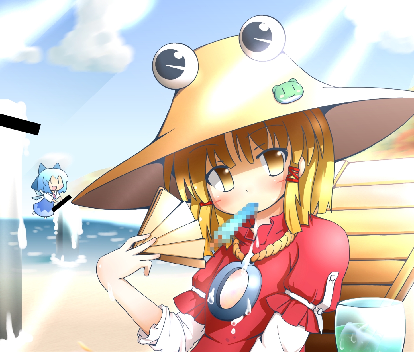 torichiyo, cirno, moriya suwako, yasaka kanako, touhou, bad id, bad pixiv id, highres, beach, blonde hair, censored, cosplay, day, dripping, fake censor, food, hair ribbon, hand fan, hat, onbashira, pointless censoring, popsicle, ribbon, sexually suggestive, yasaka kanako (cosplay), yellow eyes