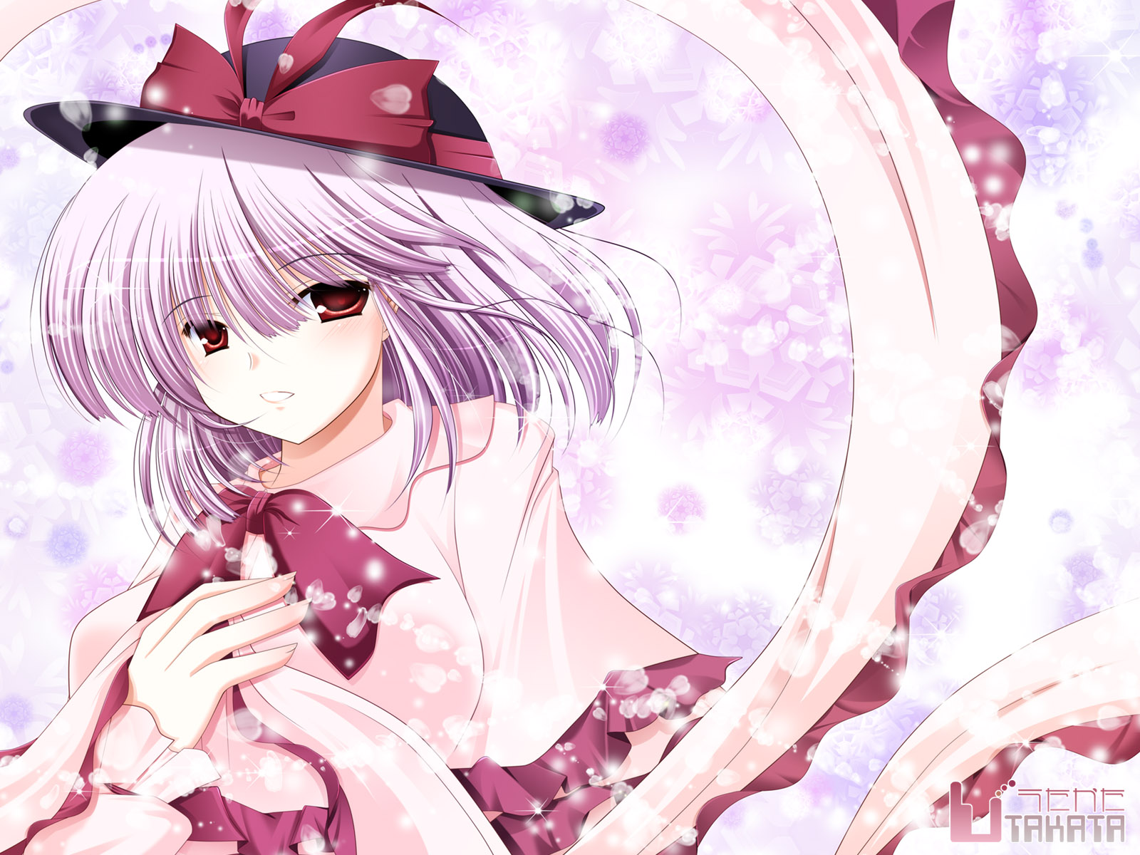 hiyori-o, nagae iku, touhou, bad id, bad pixiv id, highres, 1girl, female focus, hat, purple hair, red eyes, ribbon, short hair, solo, upper body