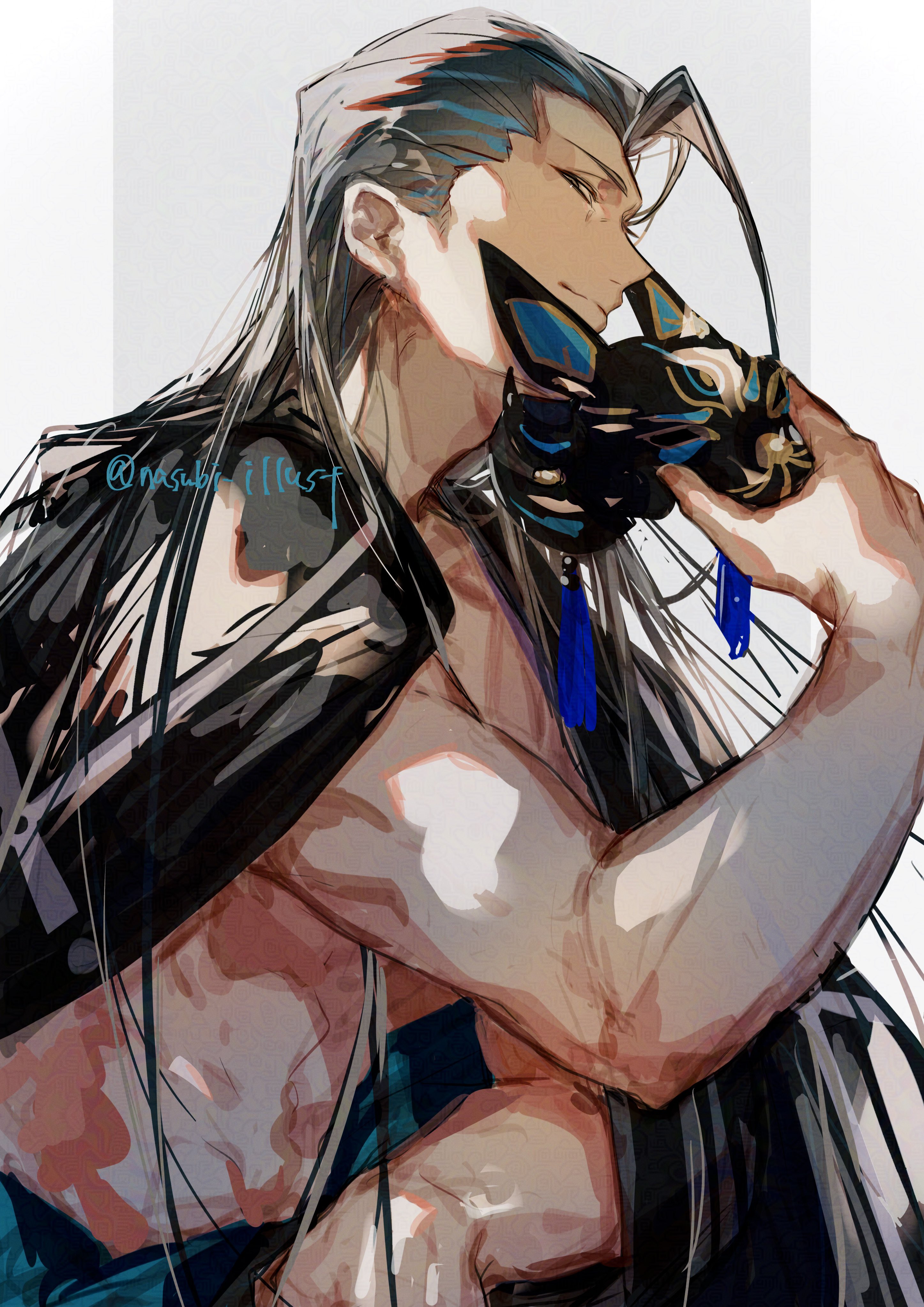 nasubi illust, kondou isami (fate), kondou isami (second ascension) (fate), fate/grand order, fate (series), absurdres, commentary request, highres, 1boy, hair slicked back, haori on shoulders, holding, holding mask, long hair, looking at viewer, male focus, mask, profile, smile, solo, topless male, twitter username