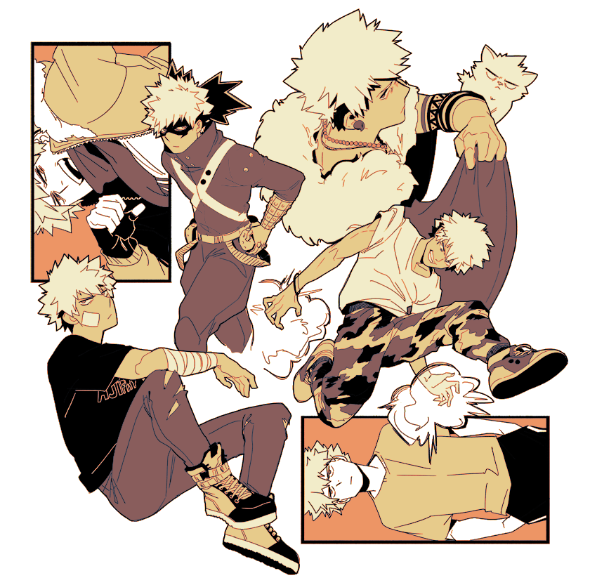 5mll3, bakugou katsuki, boku no hero academia, 1boy, animal, arm on knee, bandaged arm, bandages, belt, black gloves, black pants, black shirt, blonde hair, camouflage, camouflage pants, cape, cat, crew neck, earrings, explosion, explosive, eye mask, fingerless gloves, fur-trimmed cape, fur trim, gloves, grenade, hands in pockets, invisible chair, jacket, jewelry, limited palette, long sleeves, looking back, looking to the side, male focus, mask, multiple views, official alternate costume, open clothes, open jacket, open mouth, pants, piercing, red eyes, scarf, shirt, shoelaces, shoes, short sleeves, sideways glance, sitting, sneakers, spiked hair, superhero costume, torn clothes, torn pants, unzipped, white background, white shirt, zipper