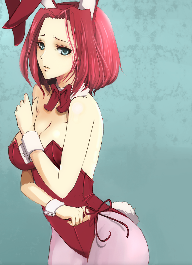 ama on (mia), mia (artist), kouzuki kallen, code geass, 00s, 1girl, animal ears, blue eyes, breasts, cleavage, fake animal ears, female focus, pantyhose, pink pantyhose, playboy bunny, rabbit ears, rabbit tail, red hair, short hair, solo, tail