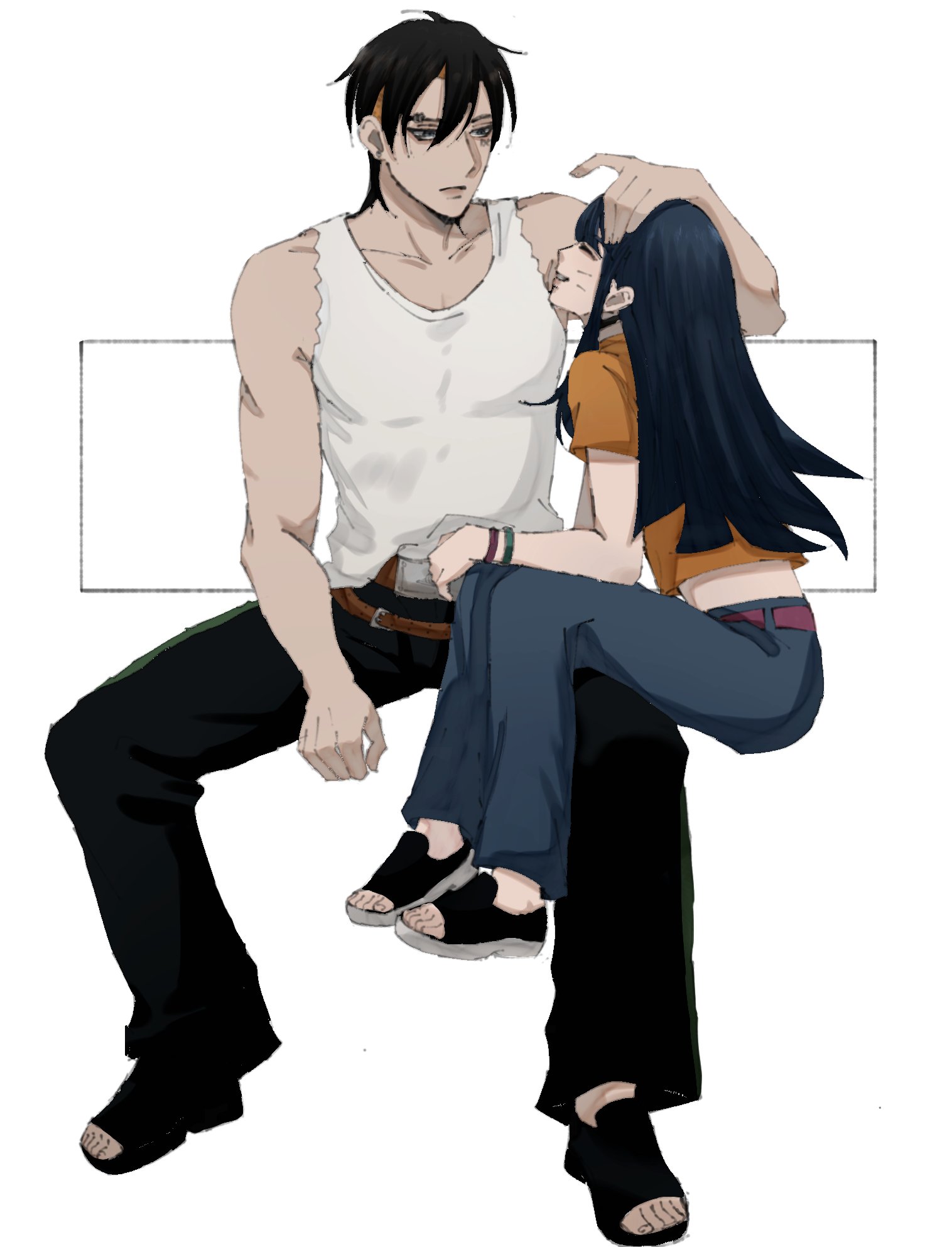 kawaki (boruto), uzumaki himawari, boruto: two blue vortex, naruto (series), commentary request, highres, 1boy, 1girl, adoptive siblings, belt, belt buckle, black hair, black pants, blonde hair, blue pants, brother and sister, brown belt, buckle, closed eyes, eyebrow piercing, face piercing, facial mark, grin, ifevilwhyuhot, long hair, multicolored hair, open-toe shoes, pants, piercing, shirt, siblings, sitting on leg, smile, t-shirt, tank top, two-tone hair, undercut, whisker markings, white tank top, wristband, yellow shirt